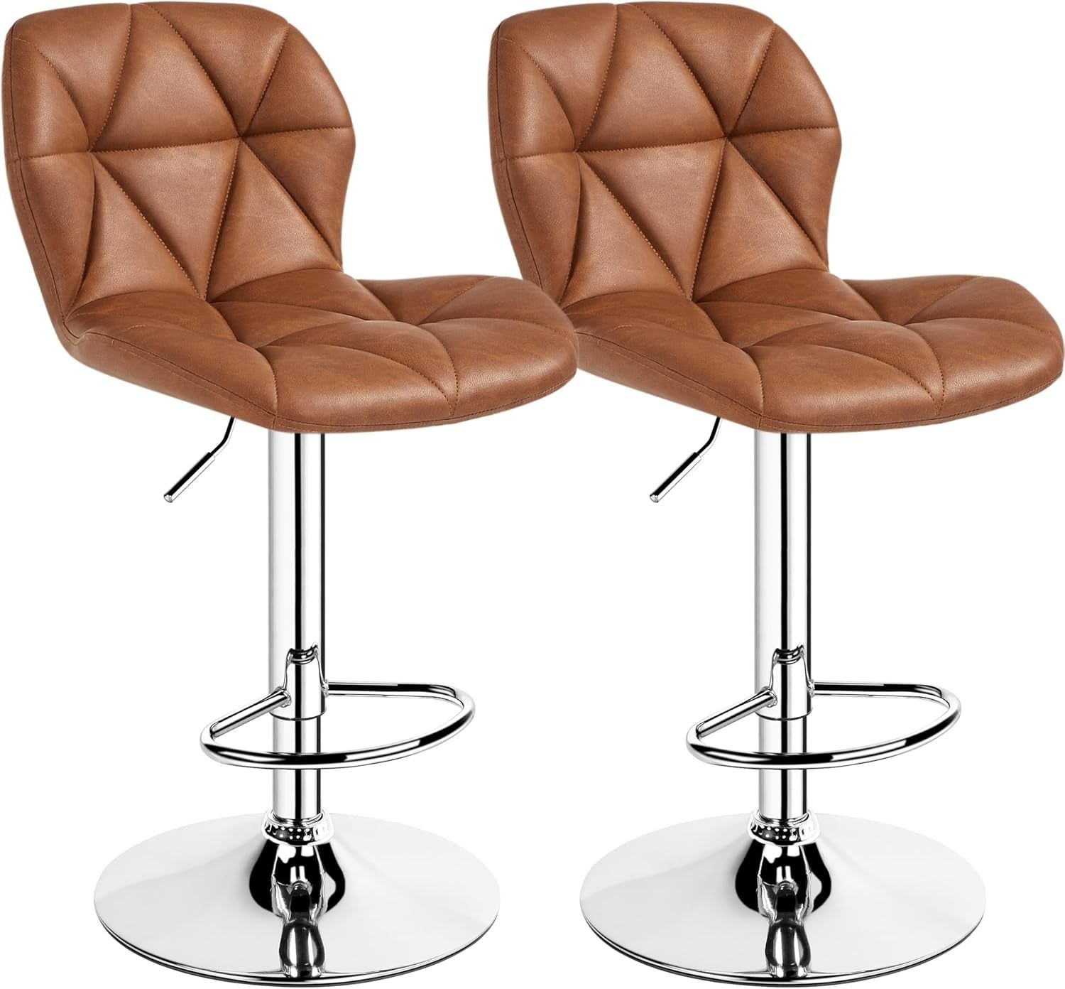 Bar Stools Set of 2, Modern Kitchen Island Stools with Backrest, PU Leather Adjustable Counter Stools for Kitchen Counter Bar, Retro Brown