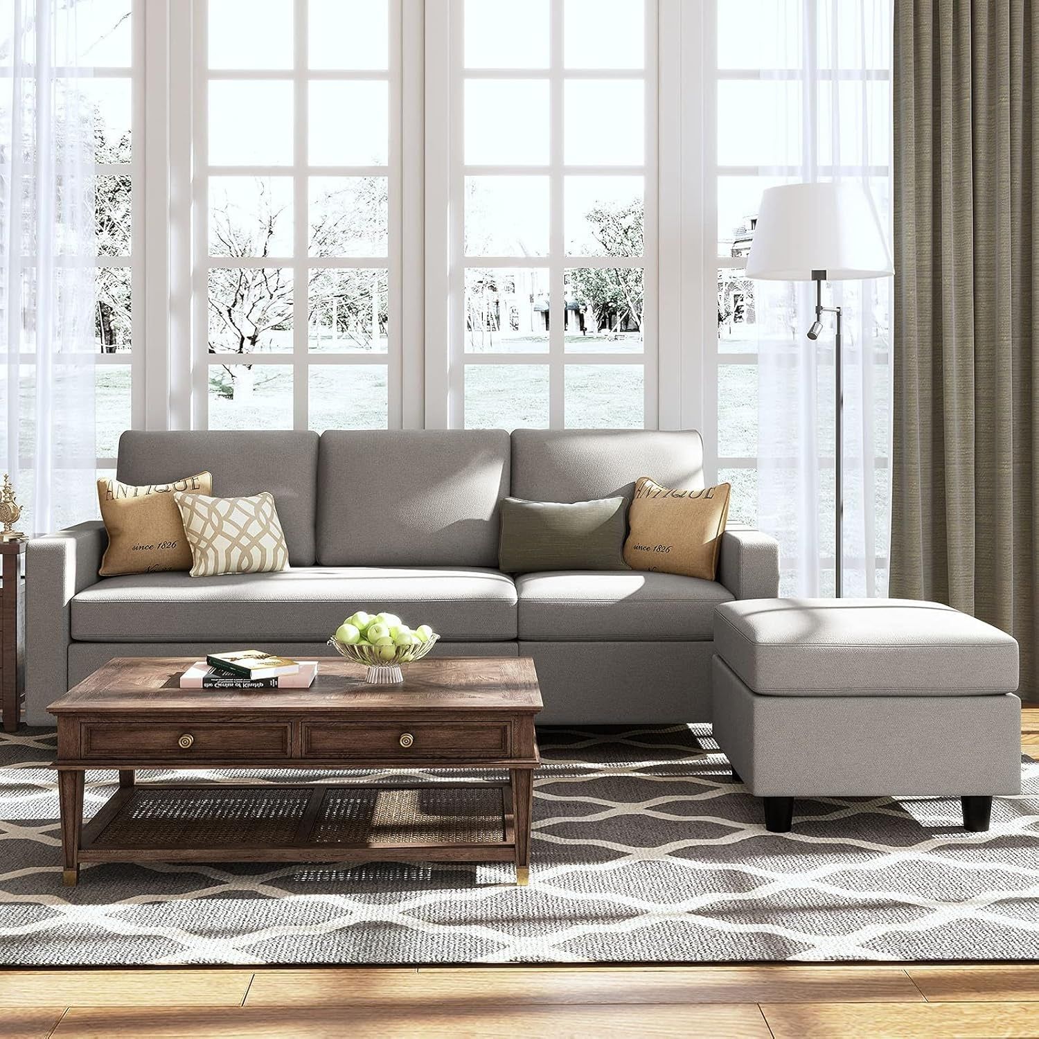 Light Grey Linen Convertible L-Shaped Sectional Sofa