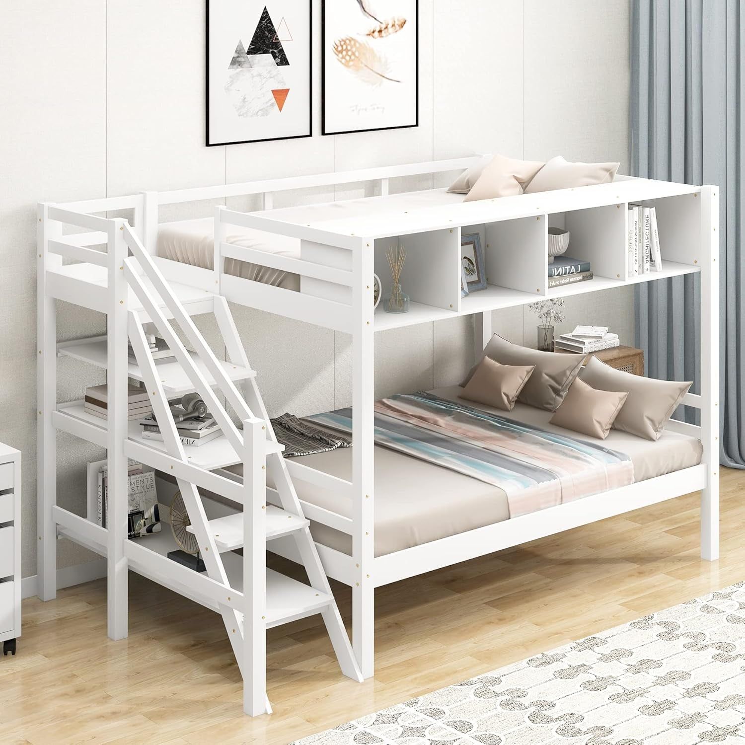 Twin Size Bed Frame for Bedroom Twin over Full Bunk Bed with Staircase and Built-In Storage Cabinets No Box Spring Needed White 96&quot; L X 57.2&quot; W X 62.2&quot; H