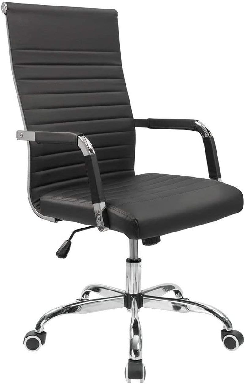 Ribbed Office Desk Chair Mid-Back PU Leather Executive Conference Task Chair Adjustable Swivel Chair with Arms (Black)