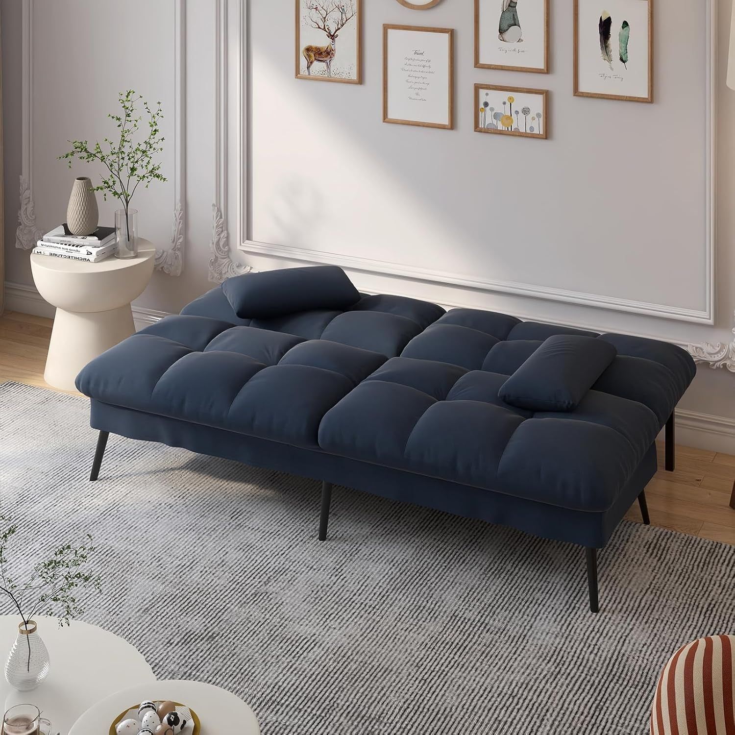 Convertible Futon Sofa Bed, 68″Fabric Futon Couch with Adjustable Backrest, Folding Futon Sleeper Recliner for Living Room Furniture (Blue)