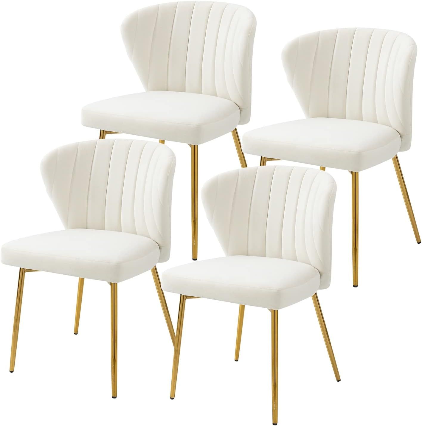 White Velvet Dining Chairs Set of 4, Modern Dining Chairs with Golden Metal Legs, Tufted Upholstered Dining Chairs for Dining Room/Kitchen/Vanity