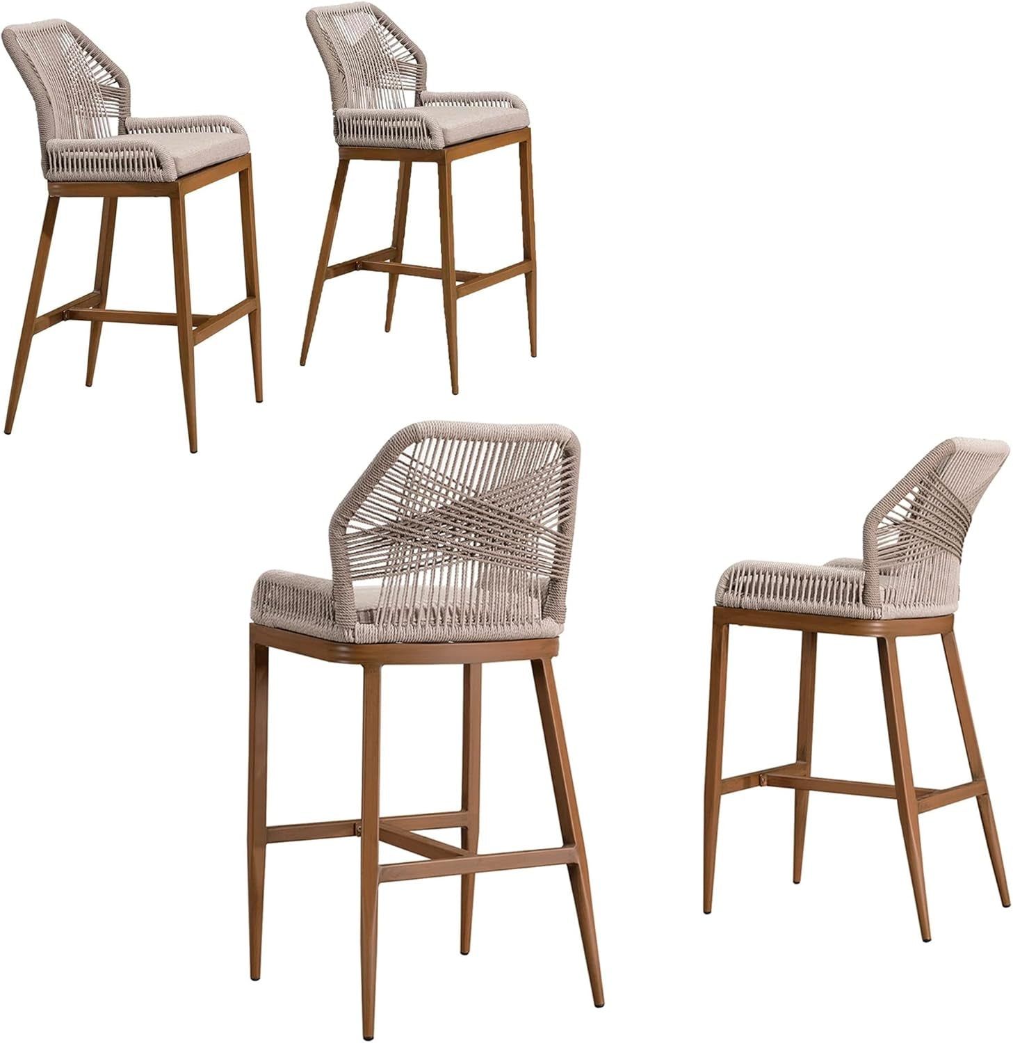 Counter Height Bar Stools Set of 4 Rattan Chair Boho Wicker Metal Counter Stools with Back and Footrest Patio Seating Modern Garden Pool Outdoor Barstools