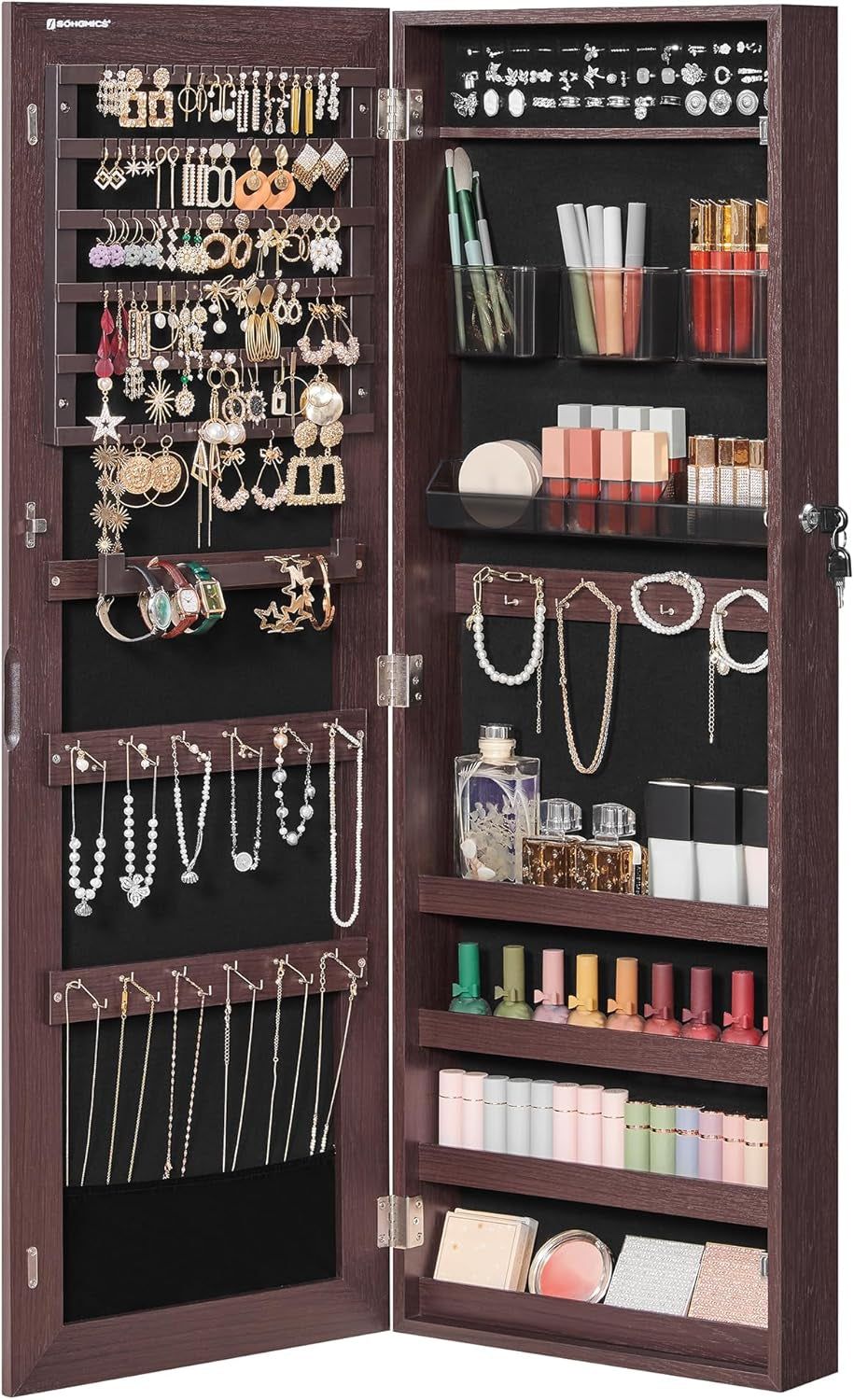 Jewelry Cabinet Armoire, Lockable Wall-Mounted Organizer Unit with 2 Plastic Cosmetic Storage Trays, Full-Length Frameless Mirror, Brown UJJC001K01