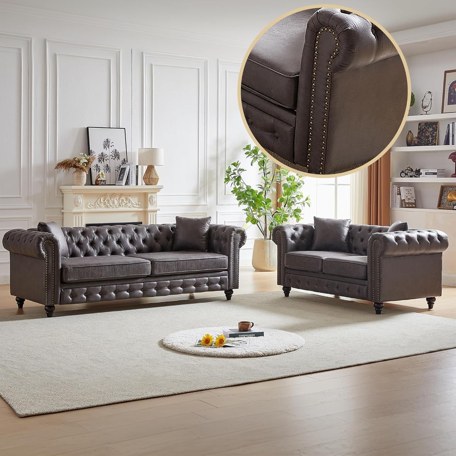 2-Piece Tech Fabric Upholstered Living Room Sofa Set, Including 3-Seater Sofa and Loveseat with Button and Copper Nail on Arms, Four Pillows Included, Grey