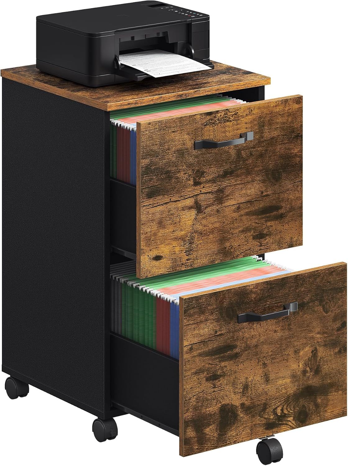 2-Drawer File Cabinet, Filing Cabinet for Home Office, Small Rolling File Cabinet, Printer Stand, for A4, Letter-Size Files, Hanging File Folders, Industrial, Rustic Brown and Black UOFC040B01
