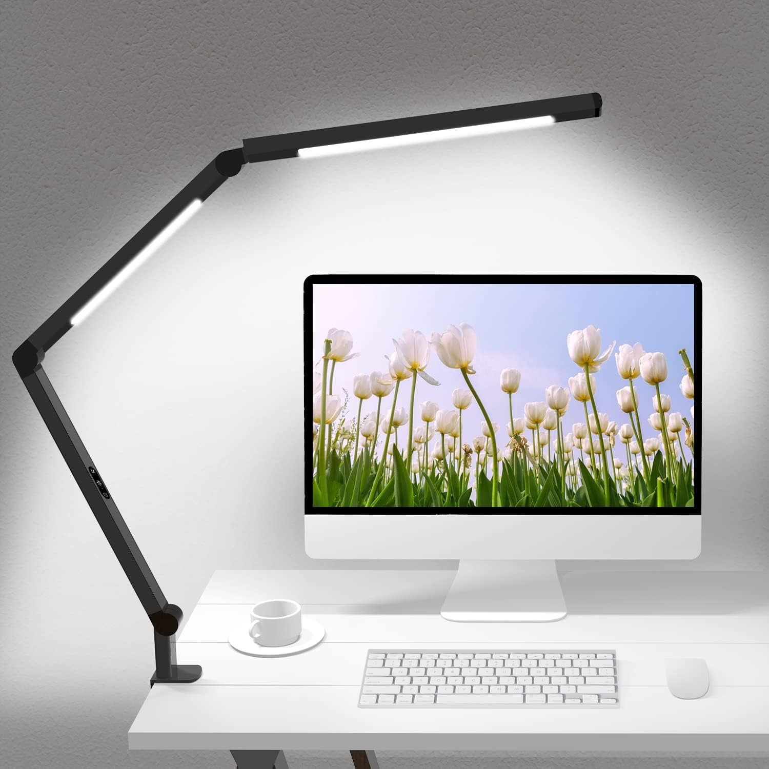 LED Desk Lamp with Clamp, Architect Desk Lamp with Dual Light and Adjustable Swing Arm, Clip-On Eye-Care 4 CCT Modes &amp; 5 Brightness Levels Table Light Modern Computer Lighting for Home Office