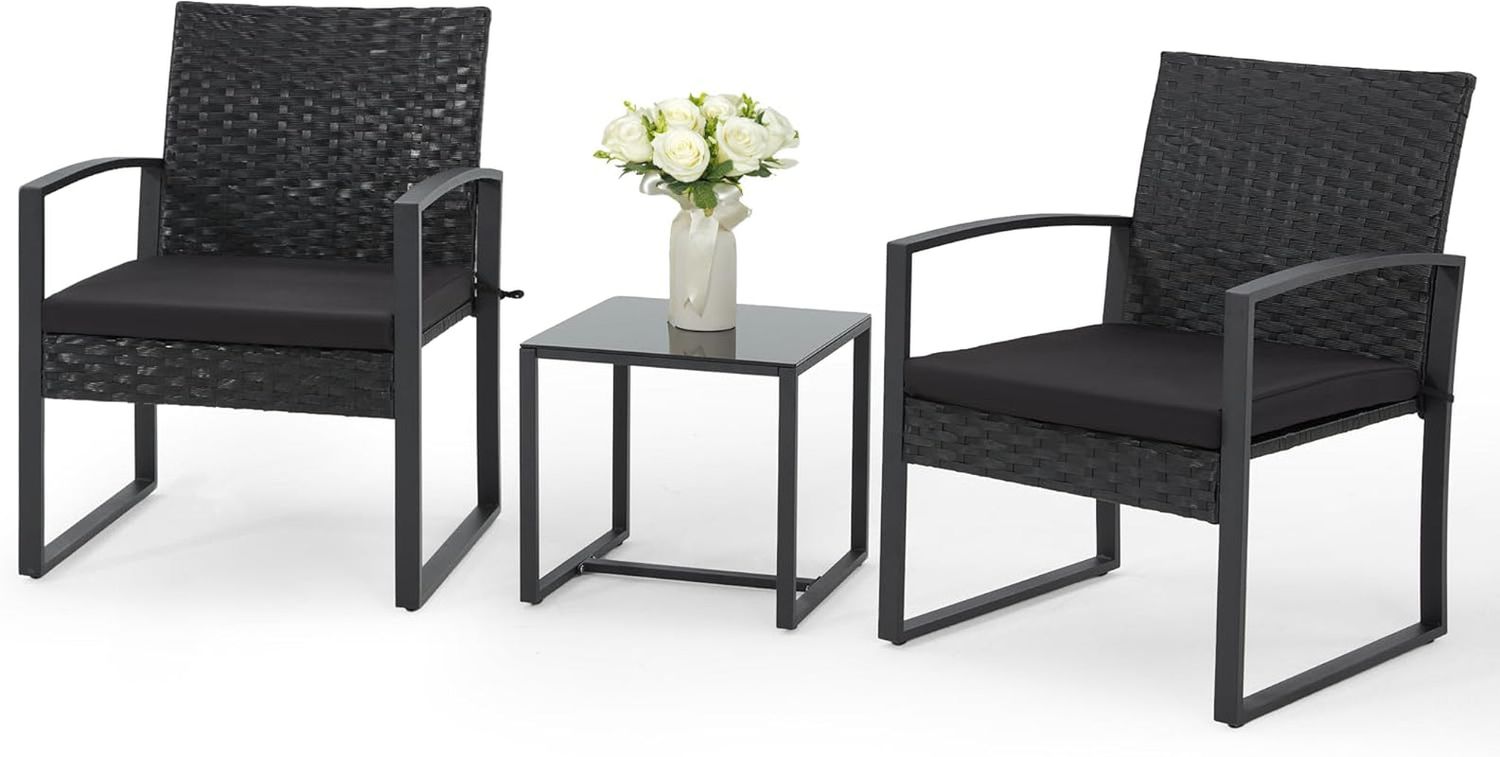 3 Pieces Patio Furniture Set, Outdoor Rattan Bistro Set with Coffee Table, Durable Steel Frame with Strapped Cushions for Garden, Balcony, Poolside, Backyard