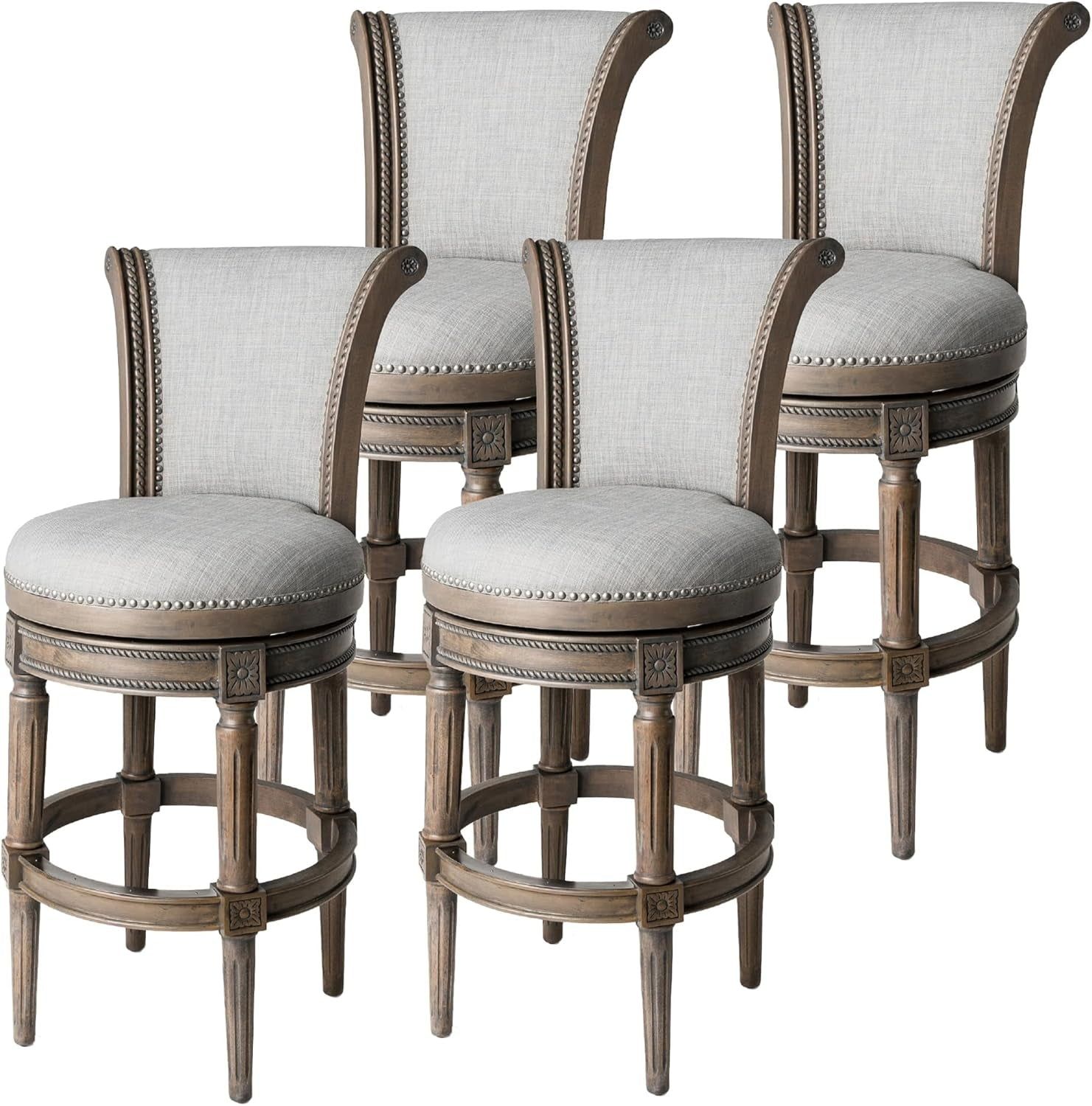 Pullman 31 Inch Tall Bar Height Upholstered Barstool with Back in Reclaimed Oak Finish with Ash Grey Fabric Cushion Seat, Set of 4