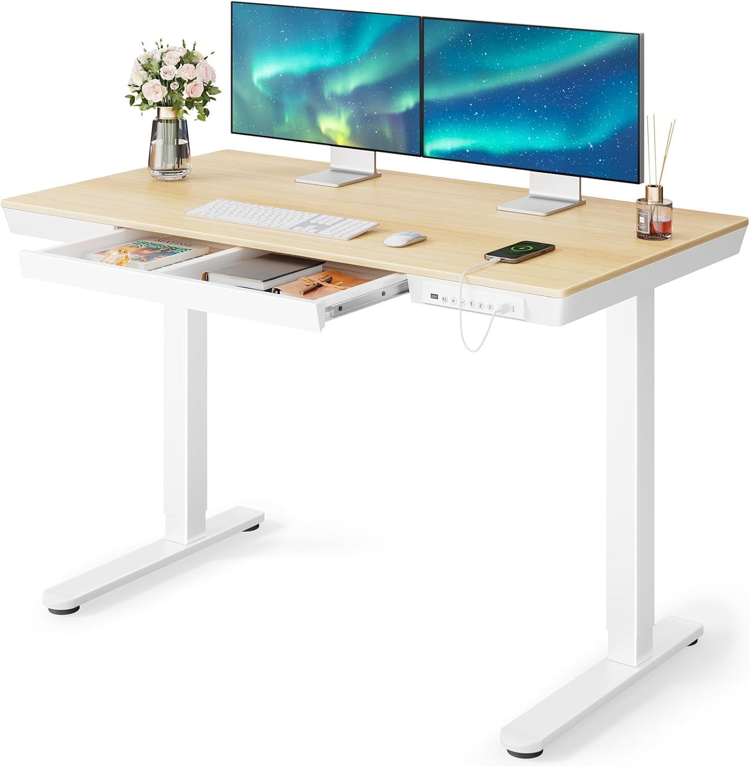 Electric Solid Standing Desk, 48 X 24 Inch Standing Desk with Drawer, Height Adjustable Desk with Tabletop &amp; USB Charging Ports, Sit Stand Desk with Storage for Home &amp; Office Natural