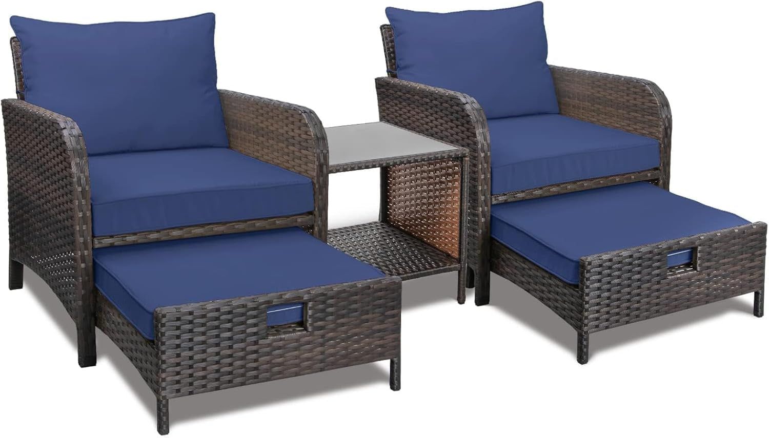 Balcony Furniture 5 Piece Patio Conversation Set, PE Wicker Rattan Outdoor Lounge Chairs with Soft Cushions 2 Ottoman&amp;Glass Table for Porch, Lawn-Brown Wicker