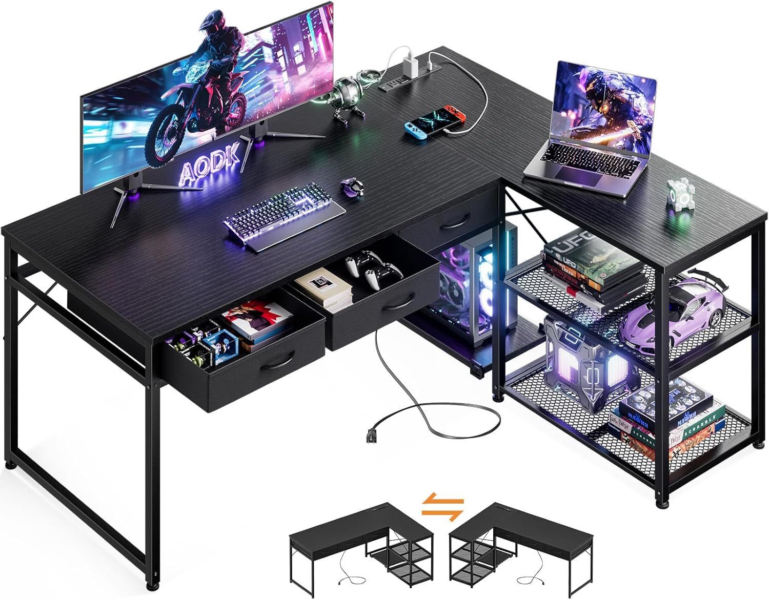 53 Inch L Shaped Computer Desk with Drawers, Corner Desk with Power Outlets &amp; Reversible Storage Shelves, Movable CPU Stand for Home Office Gaming, Black