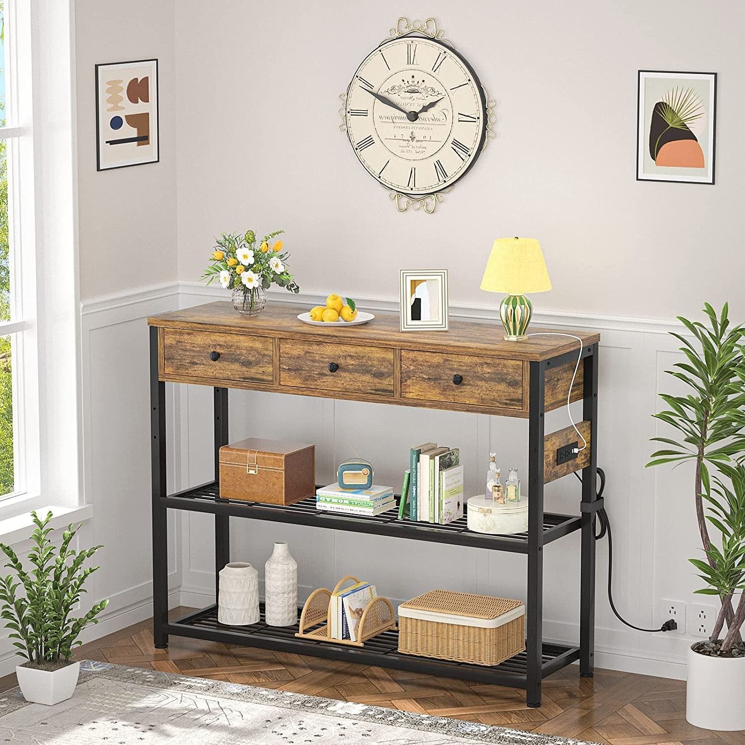 Rustic Console Table with Outlets and Drawers
