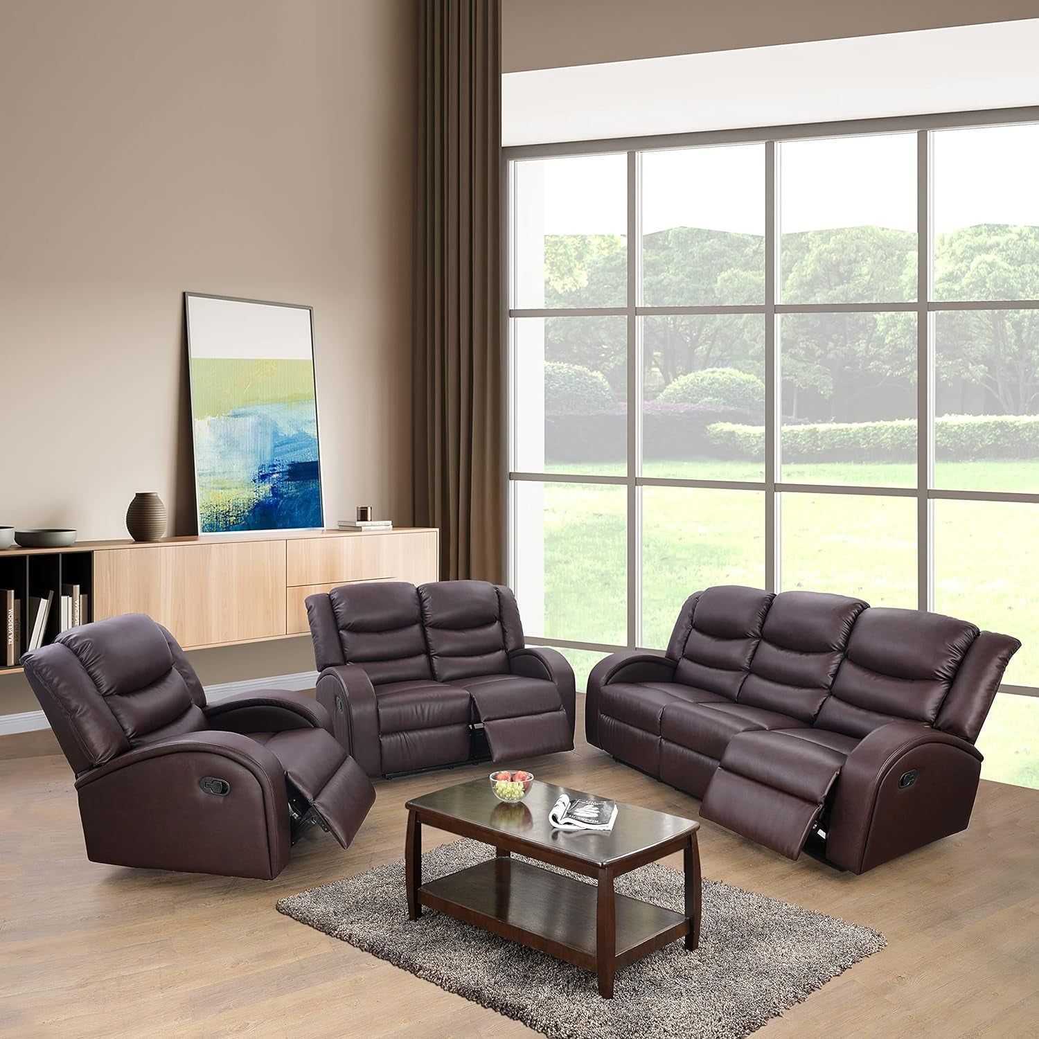 Grayson 3 Piece Living Room Recliner Set Include Love Seat, Sofa and Chair, Brown