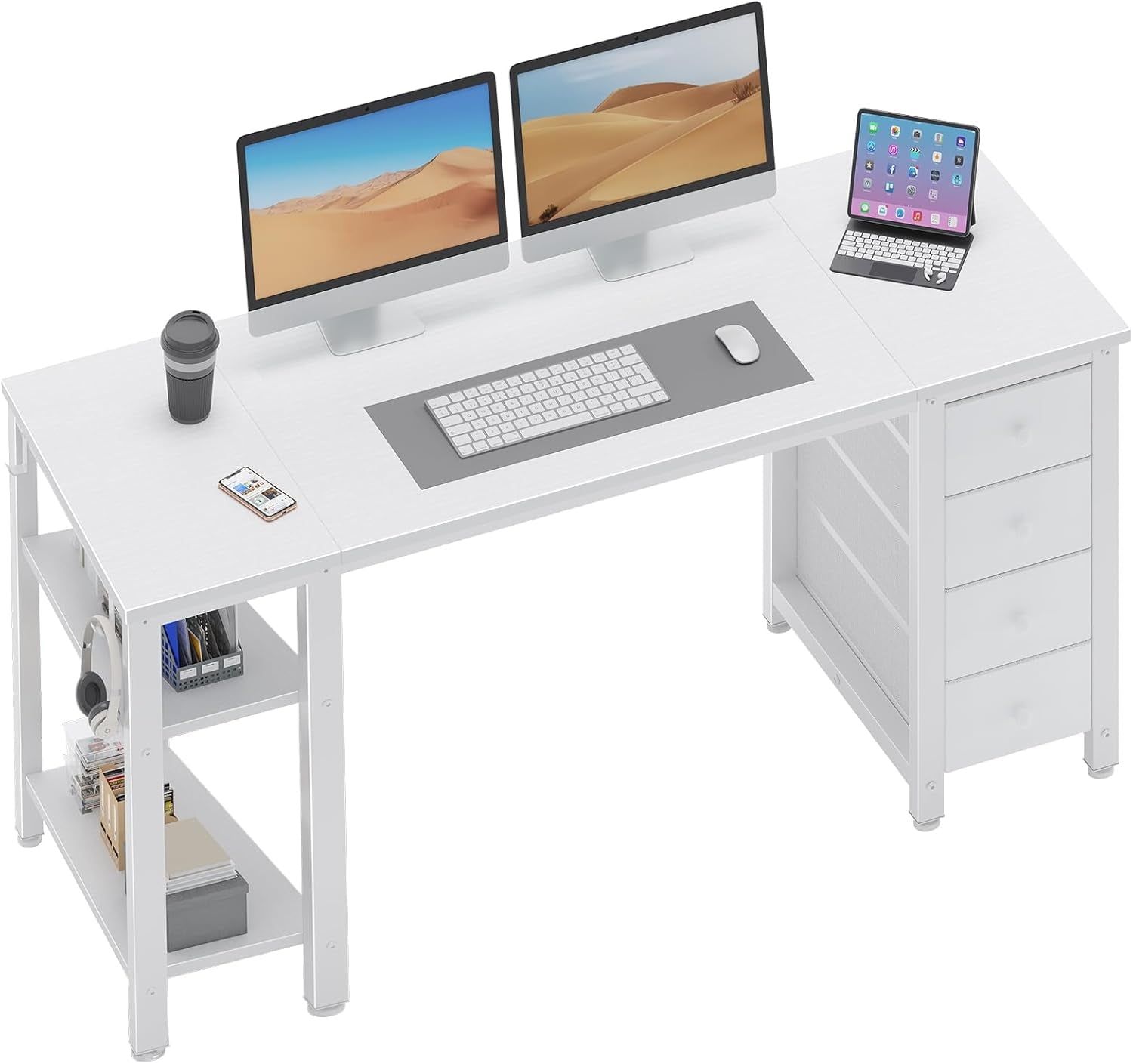 White Computer Desk with Fabric Drawers &amp; Storage Shelves, 55 Inch Study Work Writing Desk for Home Office Bedroom, Simple Modern Cute PC Desks Table, White
