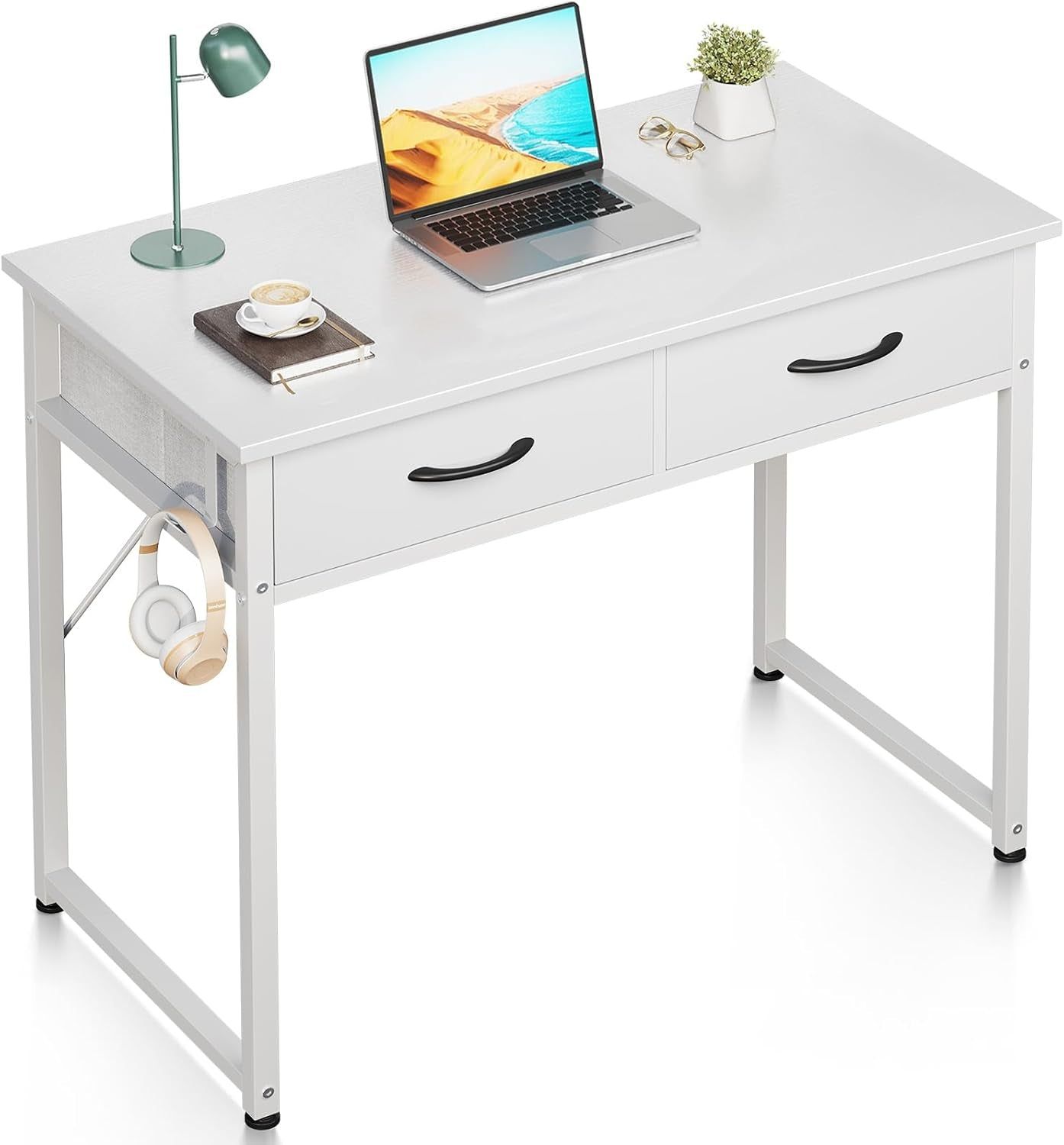 Small Desk with Fabric Drawers- for Bedroom, White Vanity Desk with Storage, Home Office Computer Desk for Small Spaces, 32 Inch Modern Work Writing Study Table, White