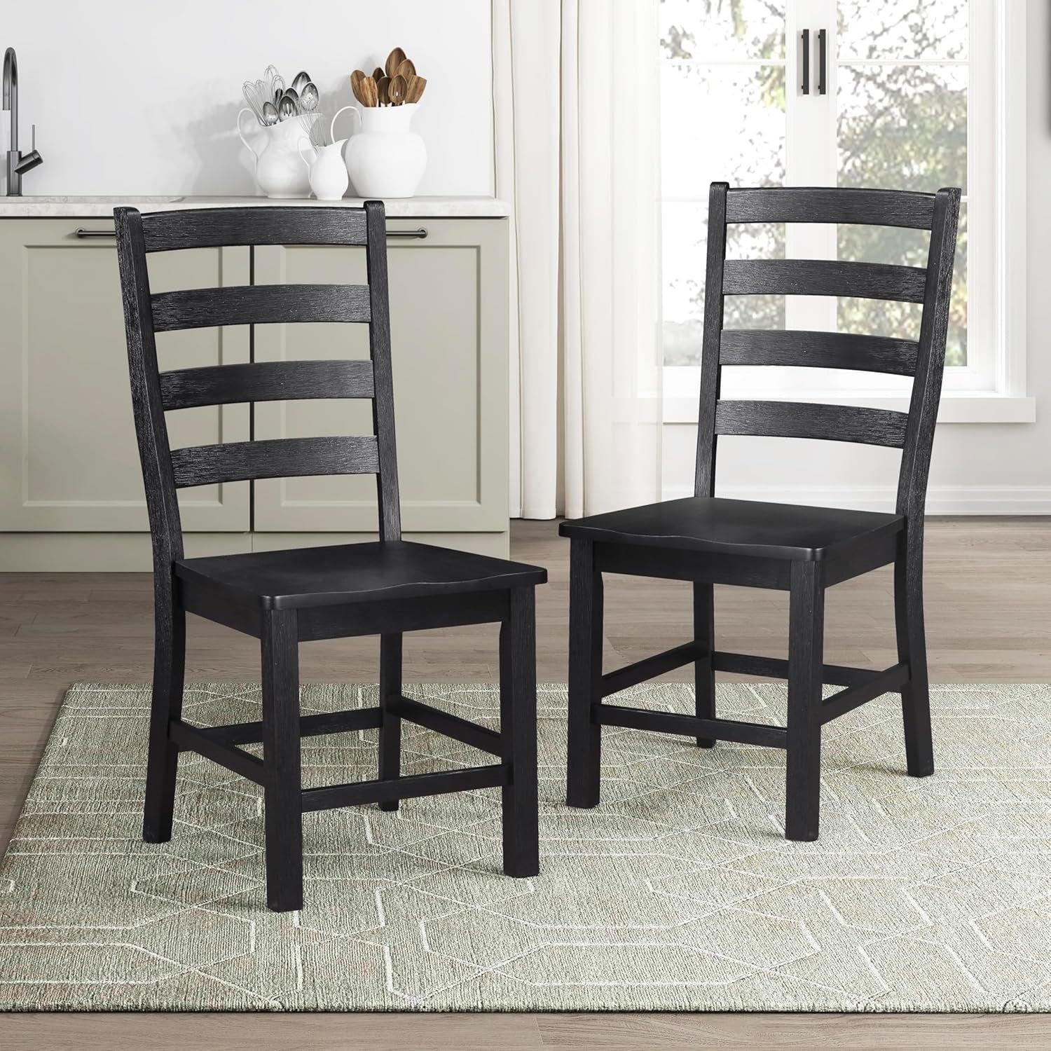 Dining Chairs Set of 2, Dining Chairs with Solid Wood Legs and Footrest, High Ladder Back Farmhouse Dining Chairs, Wooden Dining Room Chairs, Black