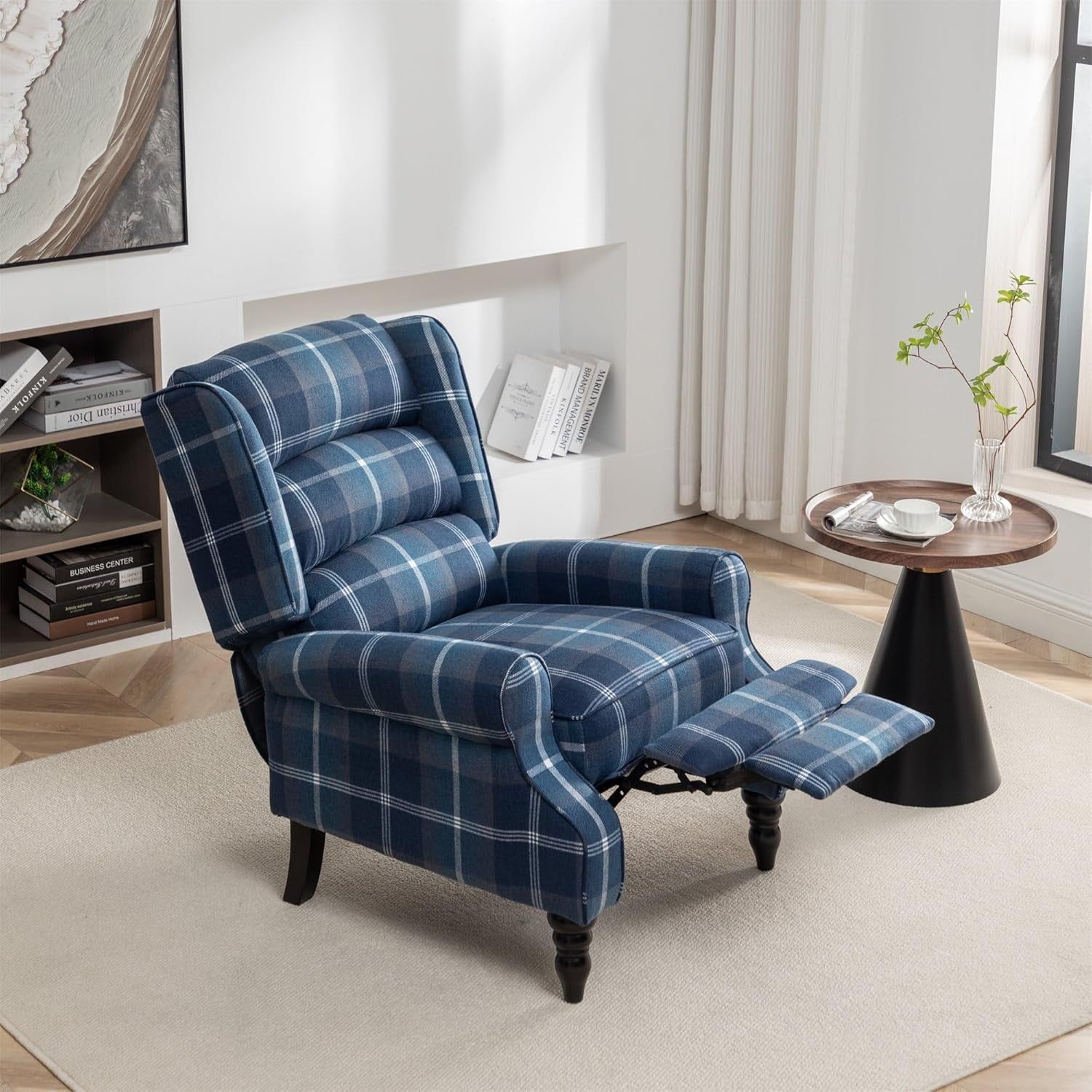Upholstered Wingback Recliner Chair, Plaid Recliner Chair Armchair Adjustable Footrest Push Back Reclining Sofa, Mid-Century Modern Lounge Armchair for Living Room, Bedroom, Reading - Blue