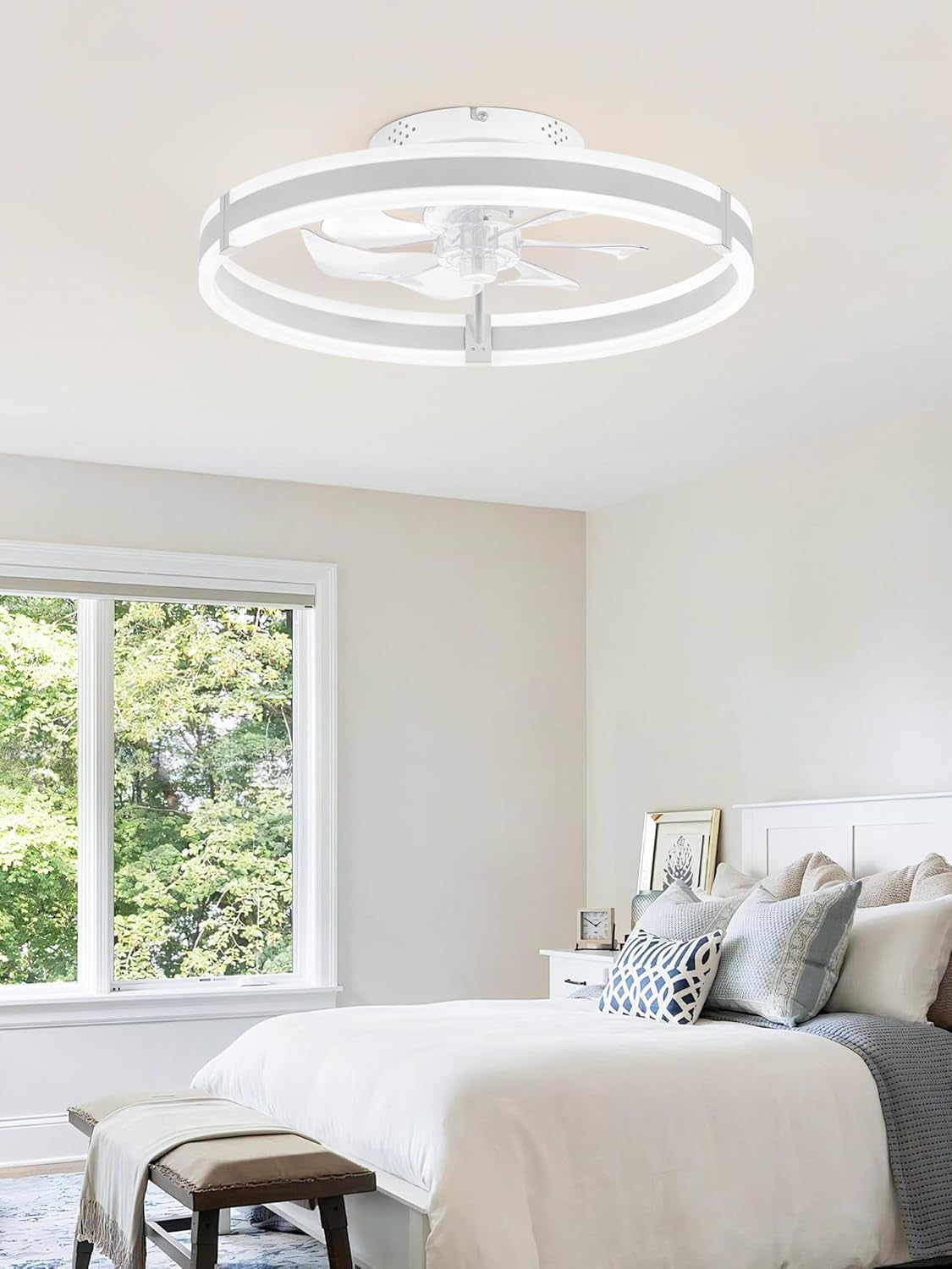 Ceiling Fans with Lights and Remote, 19.7&#39;&#39; Low Profile Ceiling Fans, 3000-6000K Dimmable Modern Flush Mount LED Fan Light, 6 Wind Speeds, White Fandelier Ceiling Fans with Lights for Bedroom