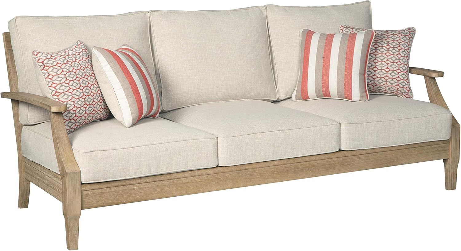 Clare View Coastal Outdoor Patio Eucalyptus Sofa with Cushions, Beige