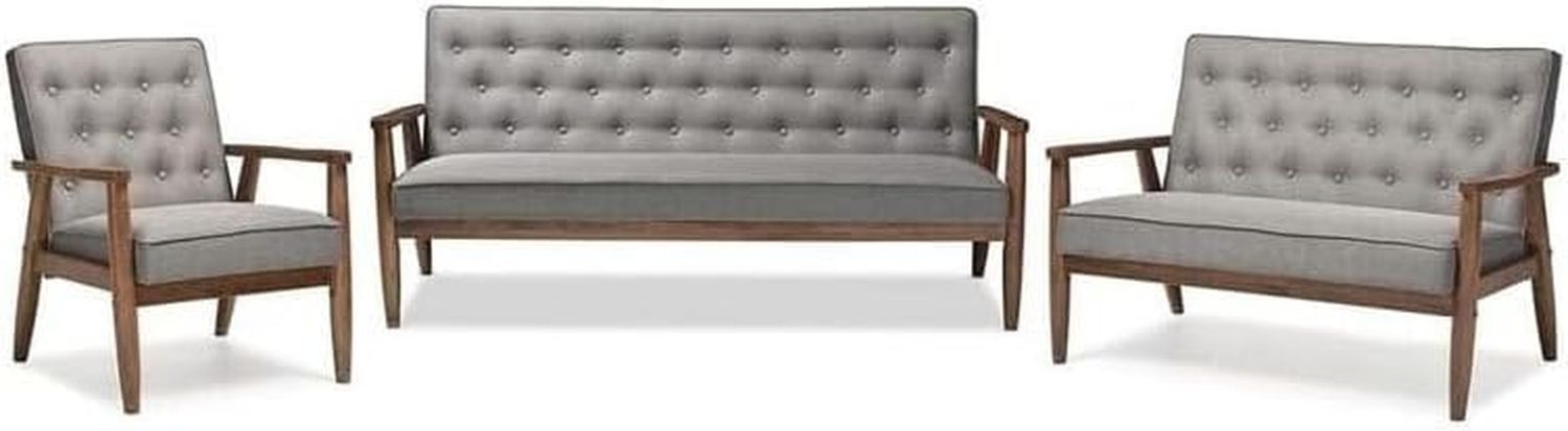 Nordic Haven Mid-Century Retro Modern Grey Fabric Upholstered Wooden 3 Piece Living Room Set, Includes - Sofa, Loveseat and Chair