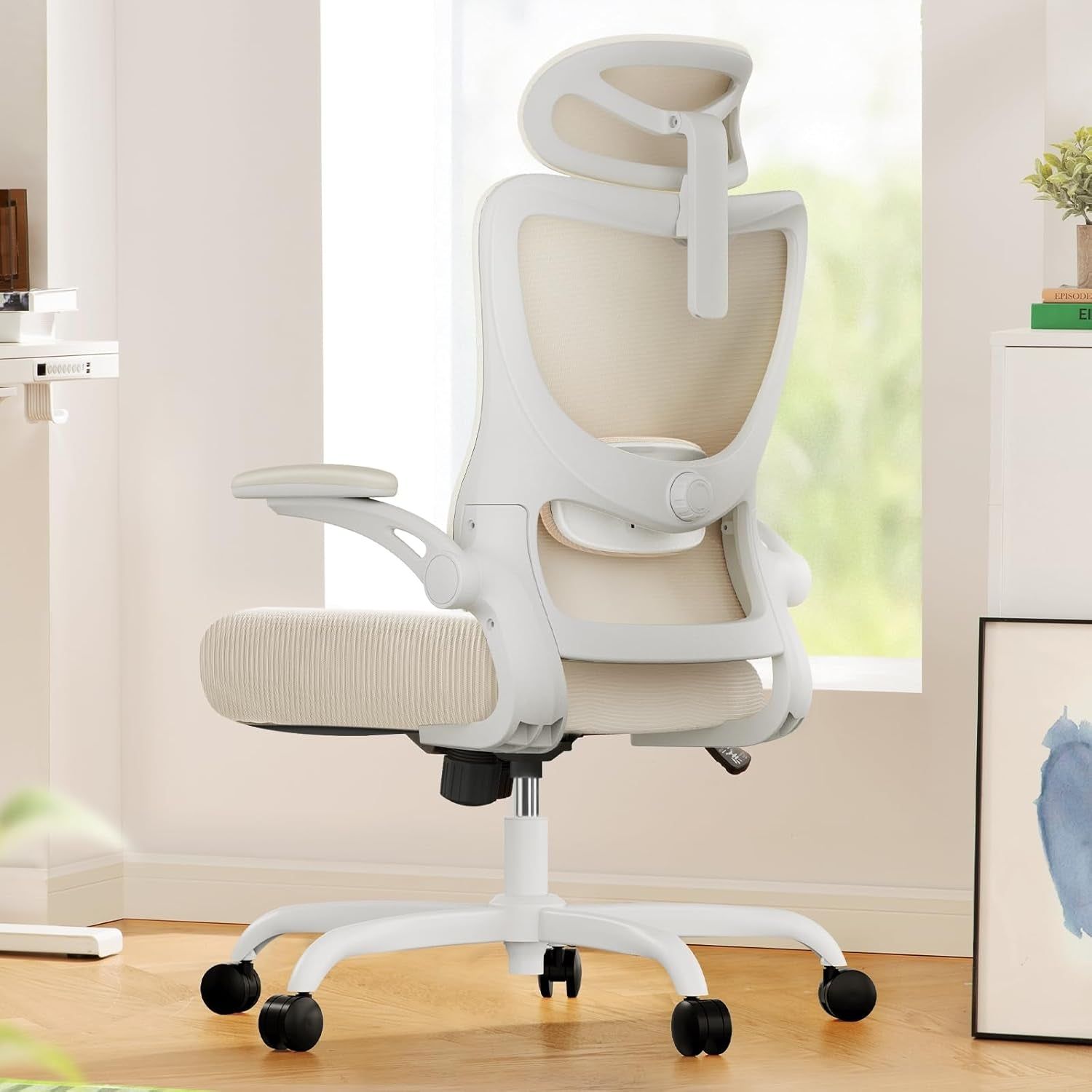 Ergonomic Office Chair: Office Computer Desk Chair with High Back Mesh and Adjustable Lumbar Support Rolling Work Swivel Task Chairs with Wheel 3D Armrests and Headrest (White)