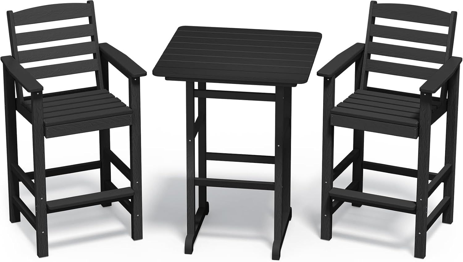 Balcony Adirondack Chairs and Table 3 Pieces Set, Adirondack Bar Height Chairs Set of 2 and Bar Table, Outdoor Bar Stools Set for Bistro, Poolside, Backyard, Black