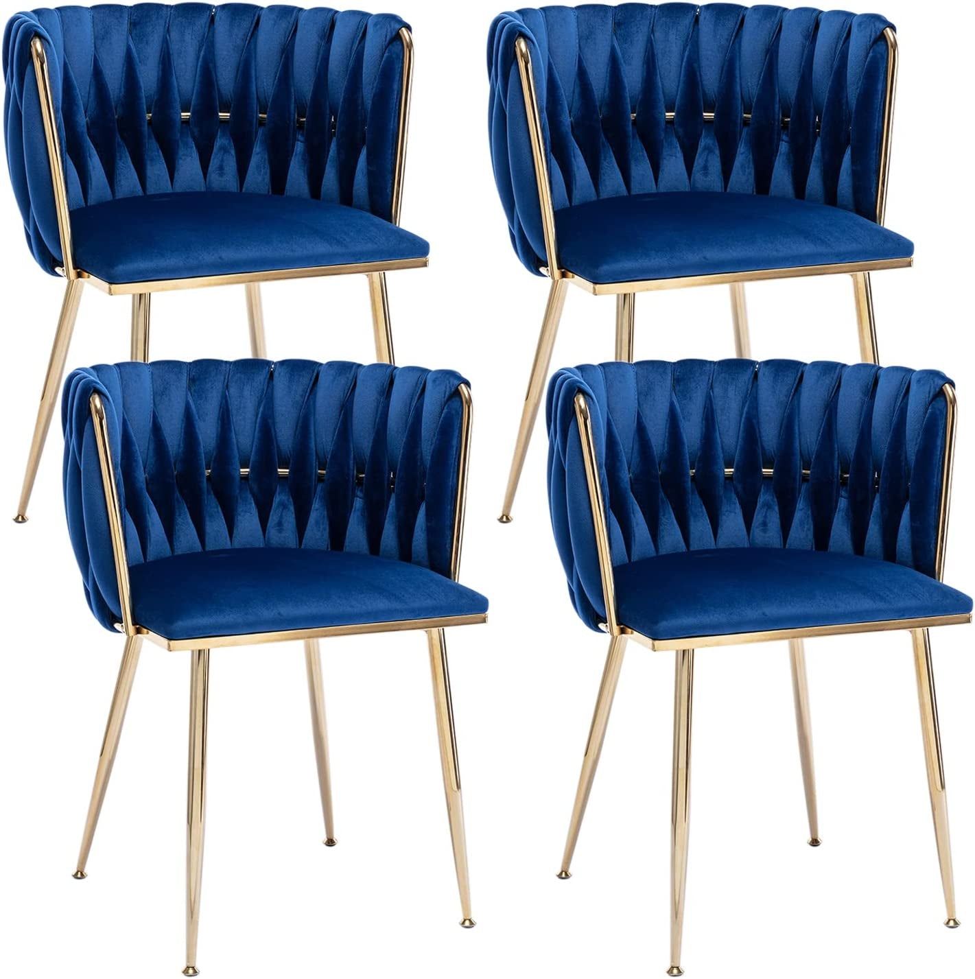 Velvet Dining Chairs with Gold Metal Legs, Set of 4, Blue
