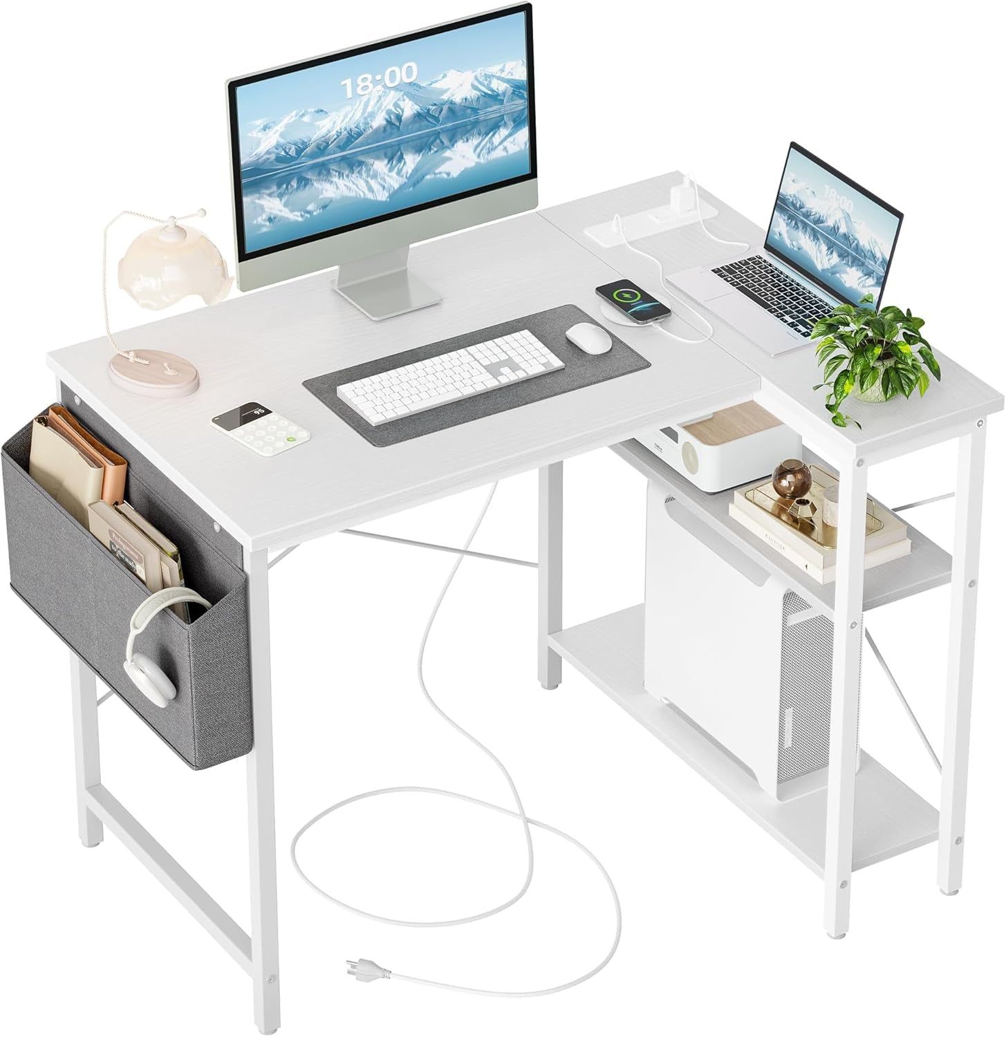 Small Computer Desk with Power Outlets, 40 Inch L Shaped Desk with Reversible Shelves, Gaming Desk Corner Desk Study Writing Desk for Home Office Bedroom Small Space, White