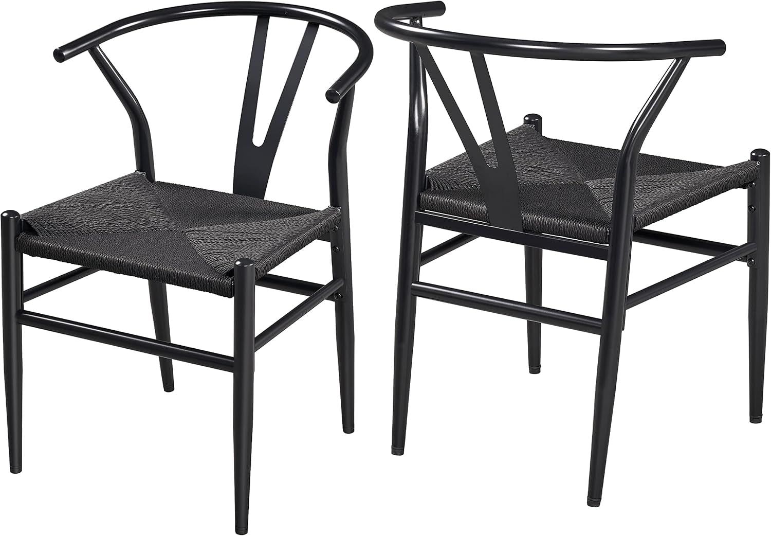 Weave Arm Chair Set of 2 Weave Modern Chair with Y-Shaped Backrest Mid-Century Metal Dining Chair with Solid Metal Frame, (Full Black, Large)