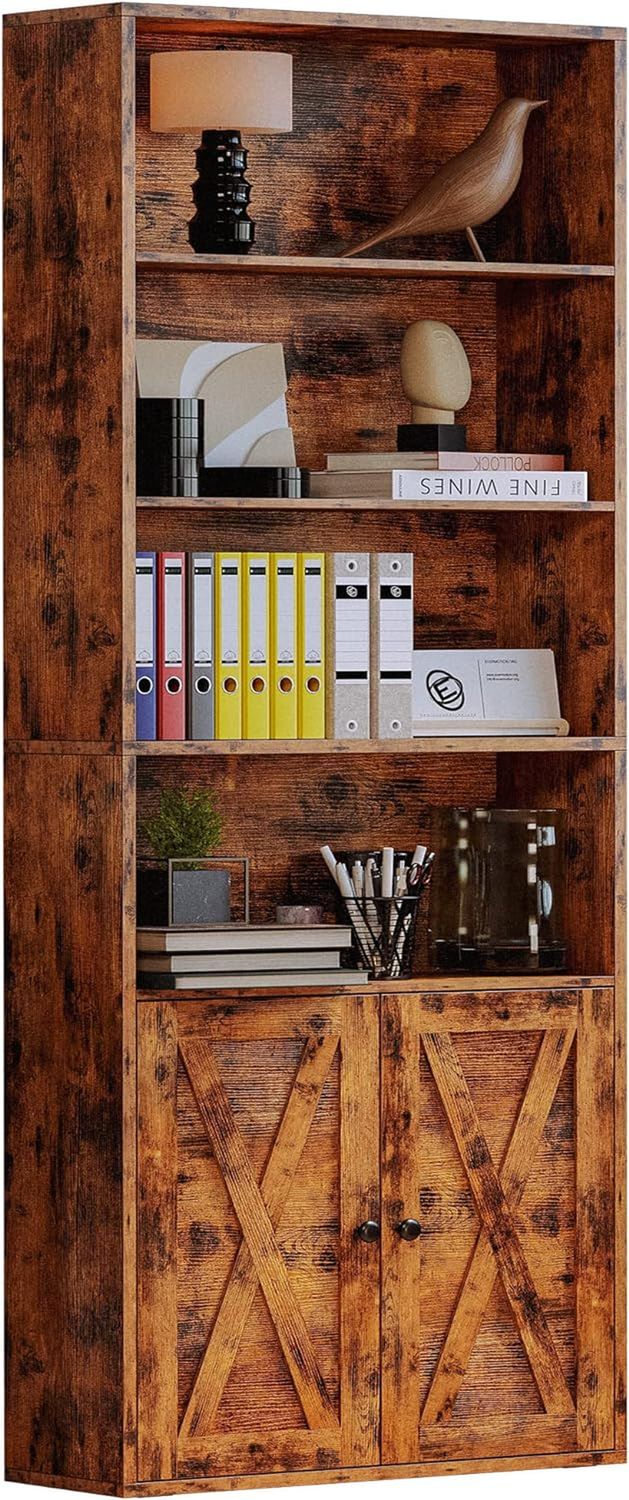 Industrial Bookshelves and Bookcases with Doors Floor Standing 6 Shelf Display Storage Shelves 70 in Tall Bookcase for Home Office, Living Room