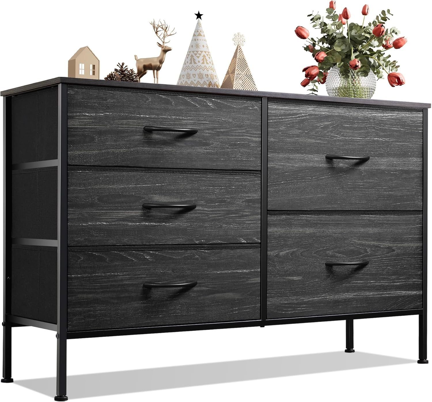 Dresser for Bedroom with 5 Drawers, Wide Bedroom Dresser with Drawer Organizers, Chest of Drawers, Fabric Dresser for Living Room, Closet, Hallway, Charcoal Black Wood Grain Print