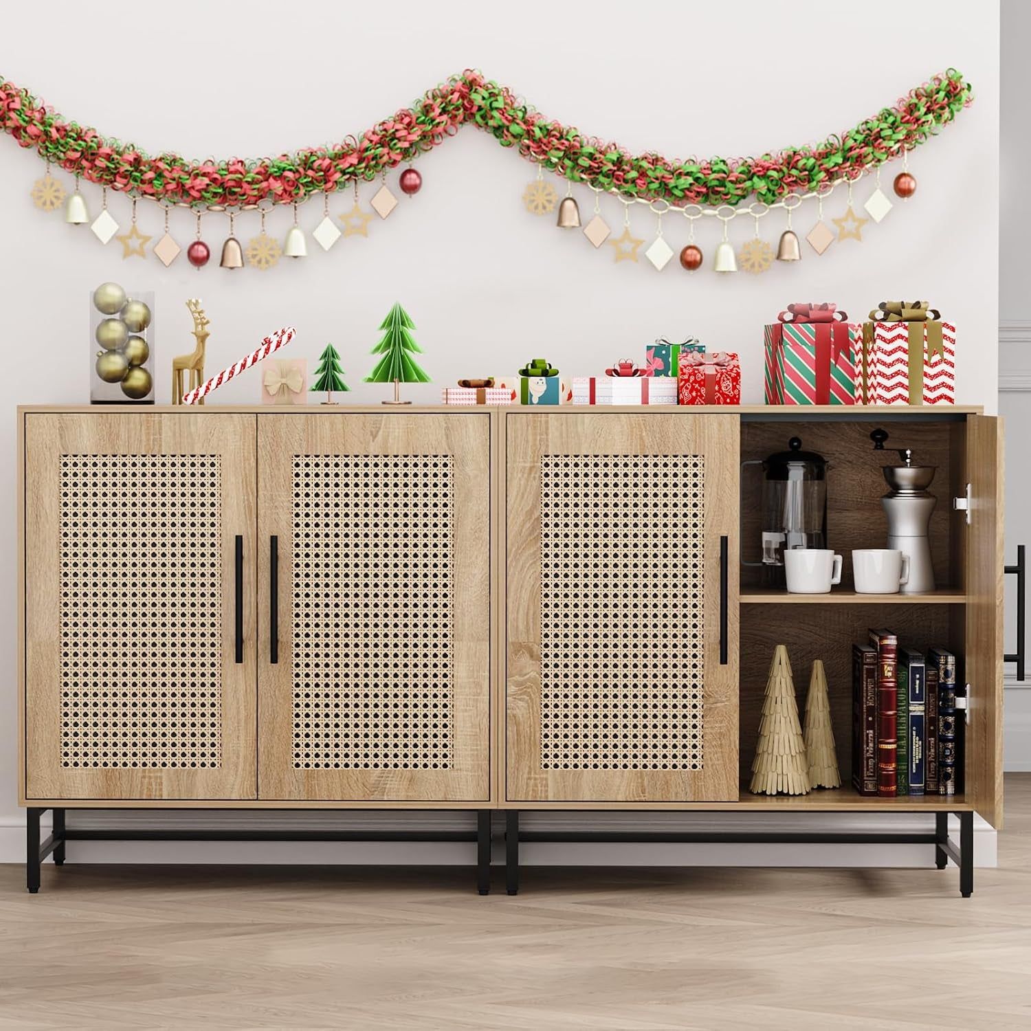 Rattan Door Storage Cabinet Handmade Buffet Sideboard Accent