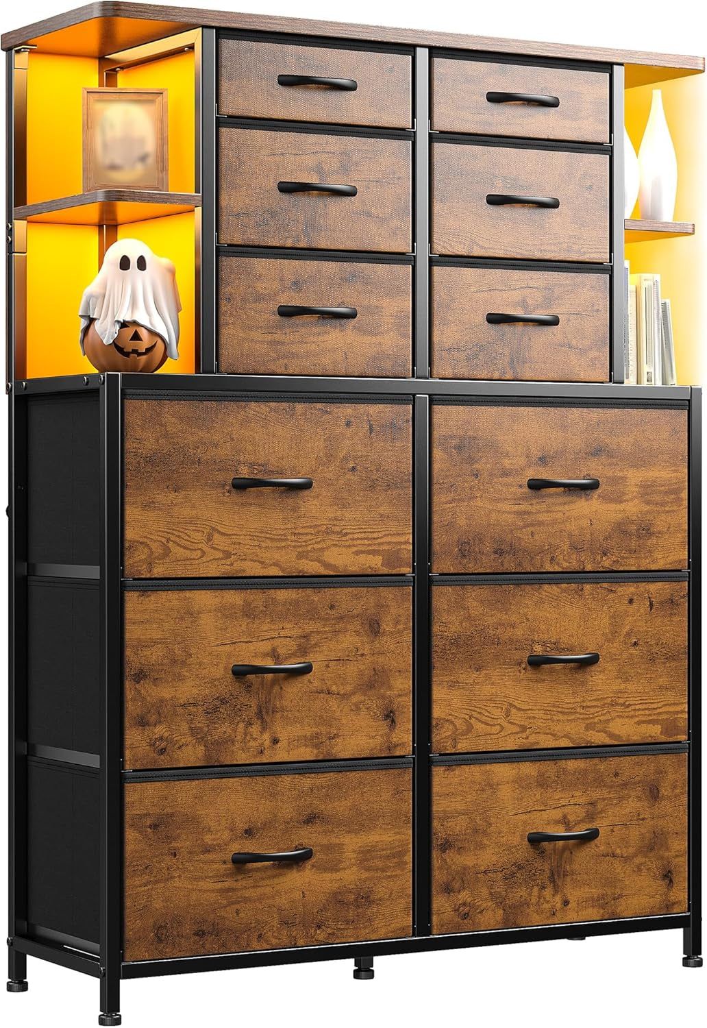 Dresser for Bedroom with LED Lights, 12 Drawers Bedroom Dresser, Dresser and Tall Dresser with Open Shelves, Fabric Dressers &amp; Chests of Drawers with Sturdy Metal Frame, Rustic Brown