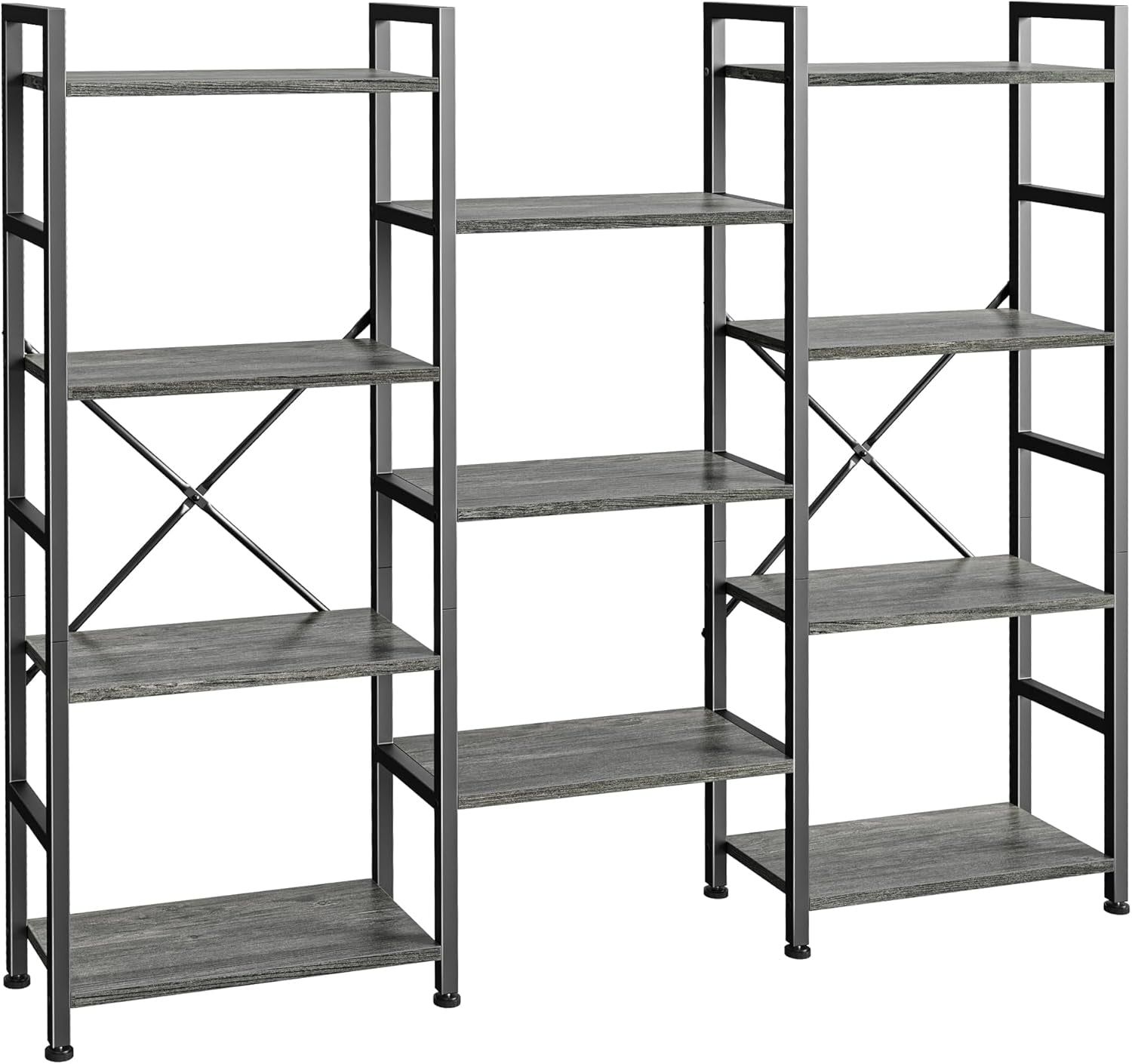 Triple 4 Tier Bookshelf, Bookcase with 11 Open Display Shelves, Wide Book Shelf Book Case for Home &amp; Office, Grey