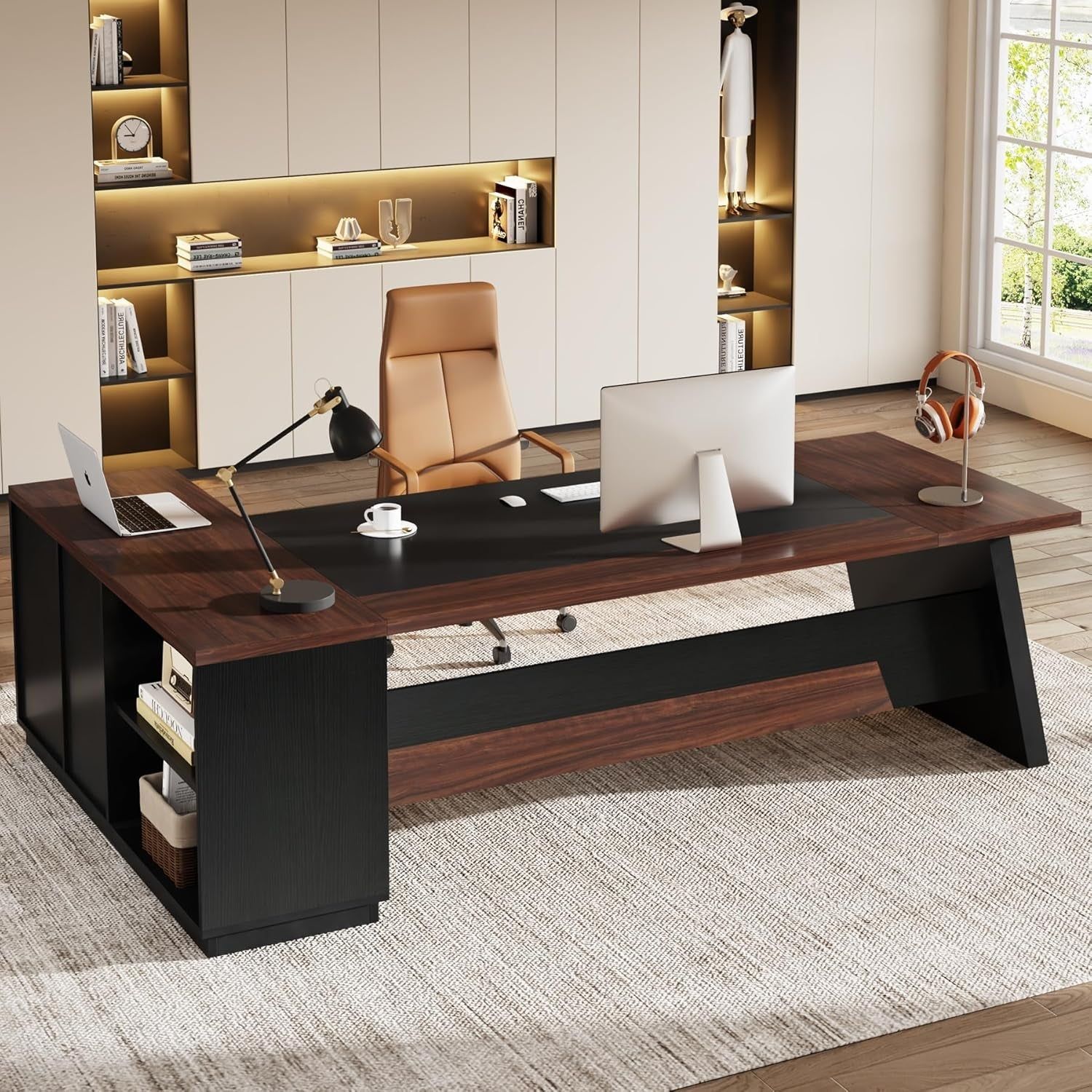 78&quot; L-Shaped Executive Desk, Large Office Desk with Drawers and Lateral File Cabinet, Business Furniture with Storage Shelves, Modern Computer Desk for Home Office, Walnut &amp; Black