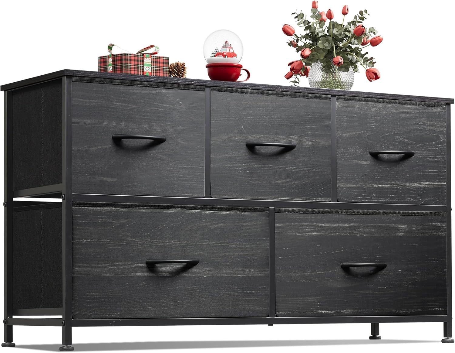 Dresser for Bedroom with 5 Drawers, Wide Chest of Drawers, Fabric Dresser, Storage Organizer Unit with Fabric Bins for Closet, Living Room, Hallway, Charcoal Black Wood Grain Print