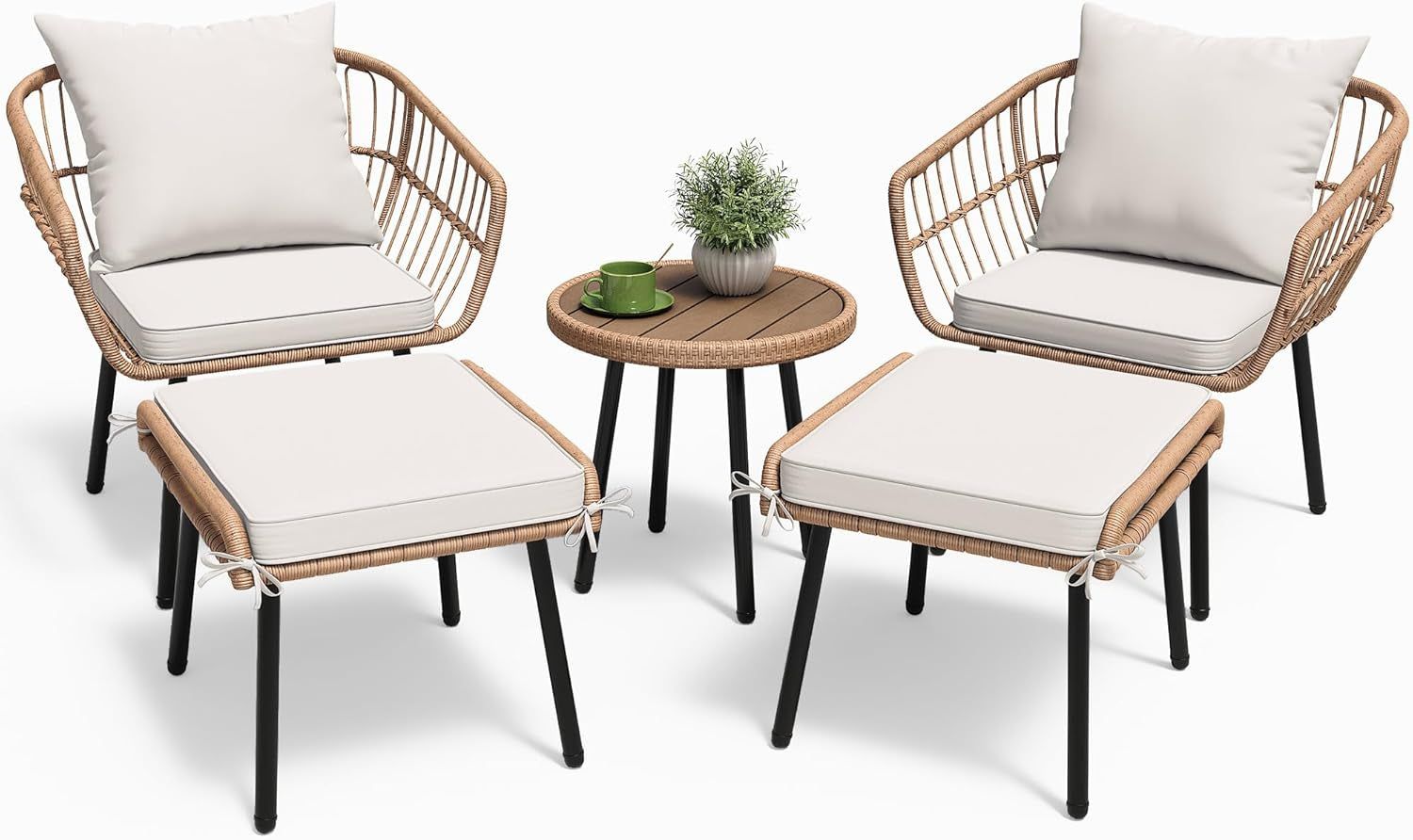 5 Piece Patio Bistro Set, Outdoor Wicker Conversation Set with Ottomans and Side Table, All-Weather Durable Rattan Furniture for Porch, Balcony, Deck, Backyard, Garden (Beige)