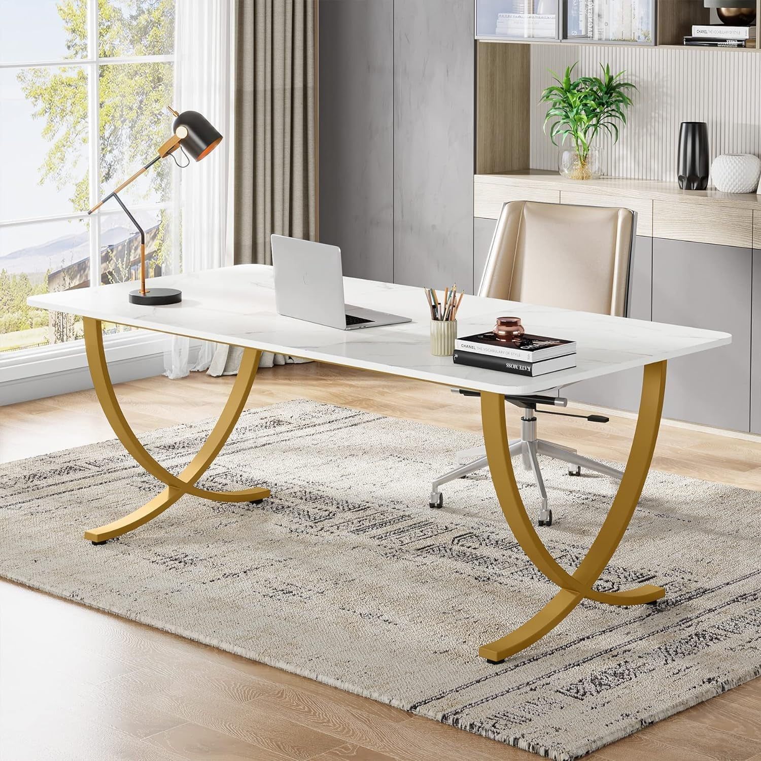 Executive Desk, 63” W X 31.5” D Large Office Desk, Modern Computer Desk Conference Table Meeting Room Table, Business Furniture for Home Office, White and Gold