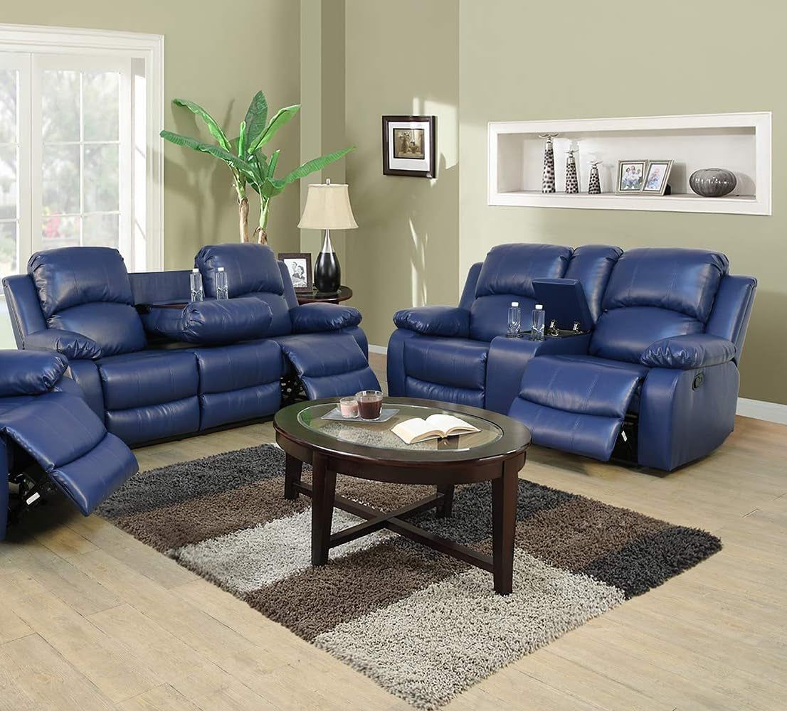Faux Leather Recliner Sofa Set, Reclining Living Room Set, Manual Reclining Sofa and Loveseat with Recliner Chair (Blue, Sofa+Loveseat)