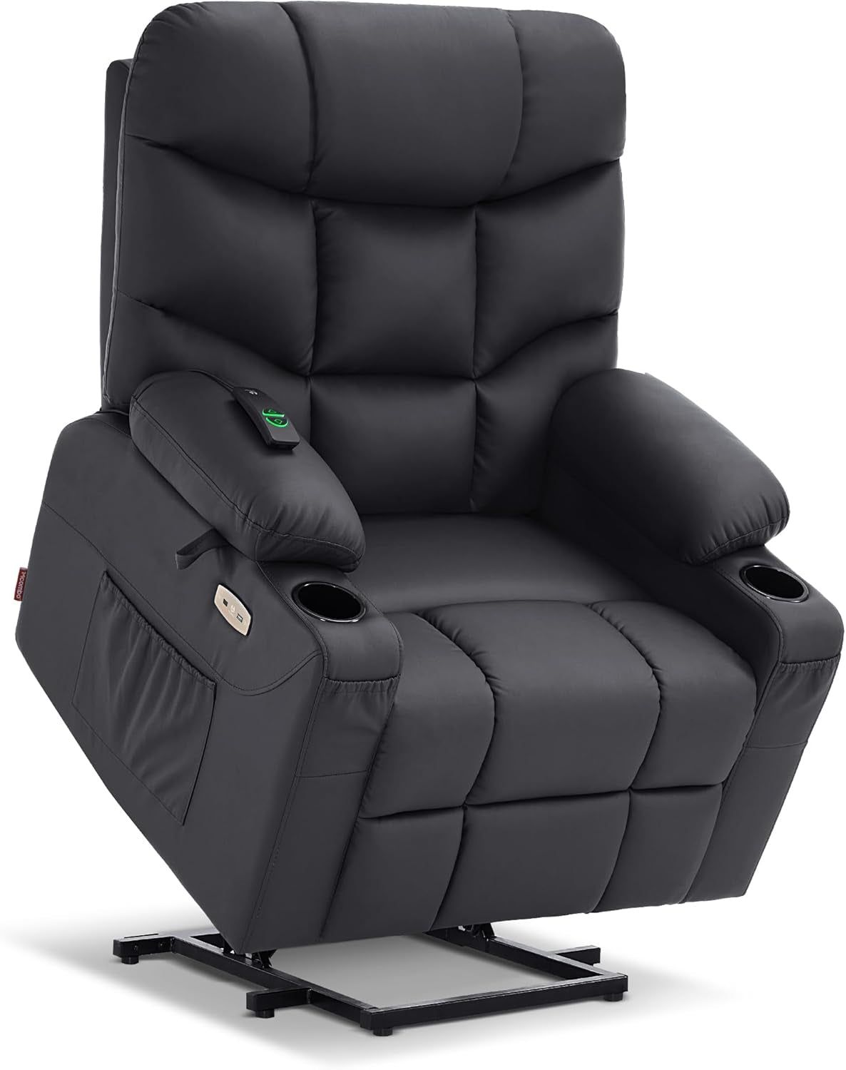 Power Lift Recliner Chair, 2 Cup Holders, USB Ports for Elderly People, Faux Leather 7287 (Black, Medium-Regular)
