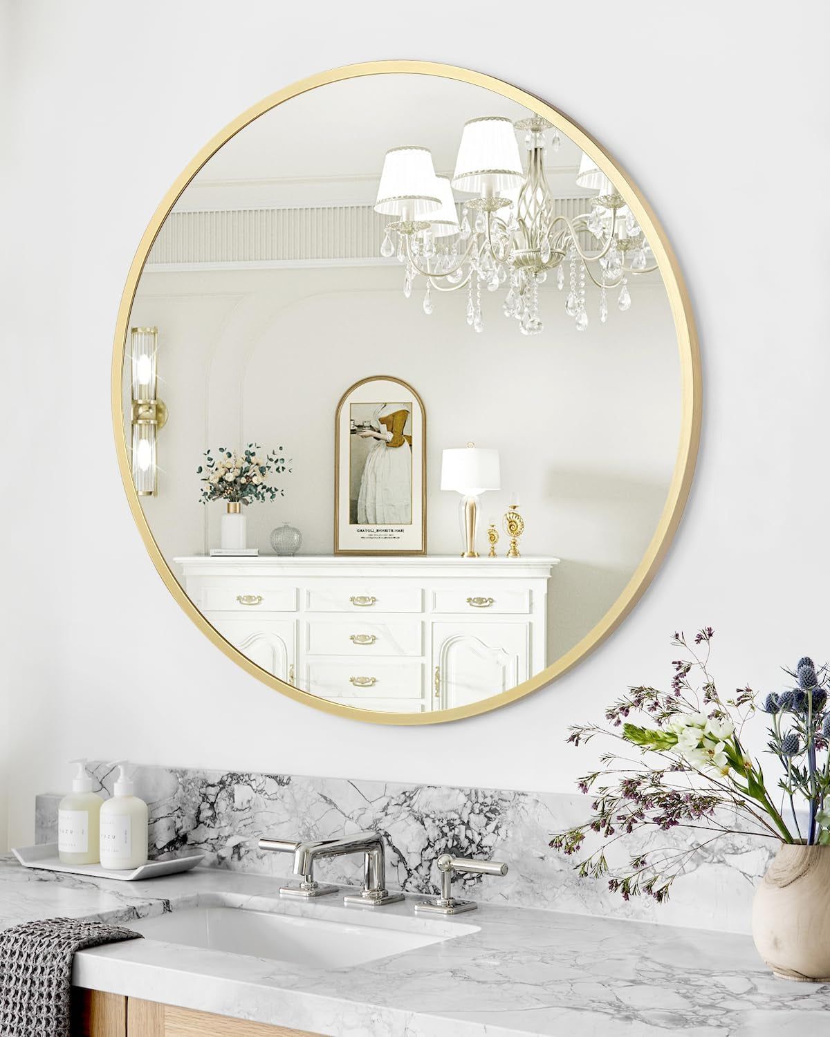 Gold Circle Mirror for Wall 32 Inch, round Mirror, HD Eco-Friendly round Bathroom Mirror for over Sink, Big Matte Gold Metal Framed Wall Mirror for Wall, Vanity, Entryway, Hallway, Easy to Install