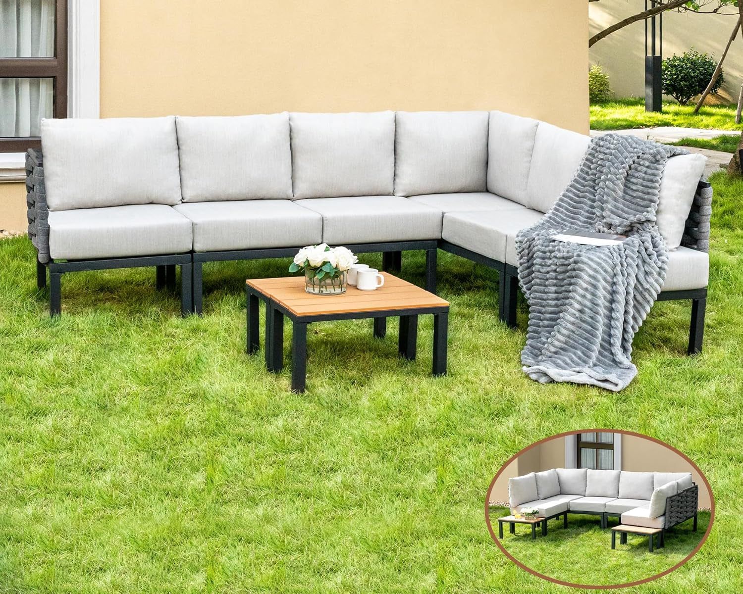 8 Pieces Patio Furniture Set Convertible Outdoor Furniture Set W/ 6&quot; Ultra Thick Cushions and 2 Coffee Tables, All-Weather Sectional Sofa Couch, Beige