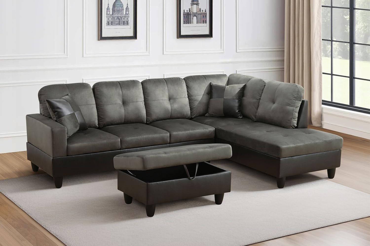 Taupe Sectional Couch for Living Room Set, 105 Inch Sectional Sofa L Shaped Couch with Storage Ottoman/Microfiber Fabric/Facing Right Chaise