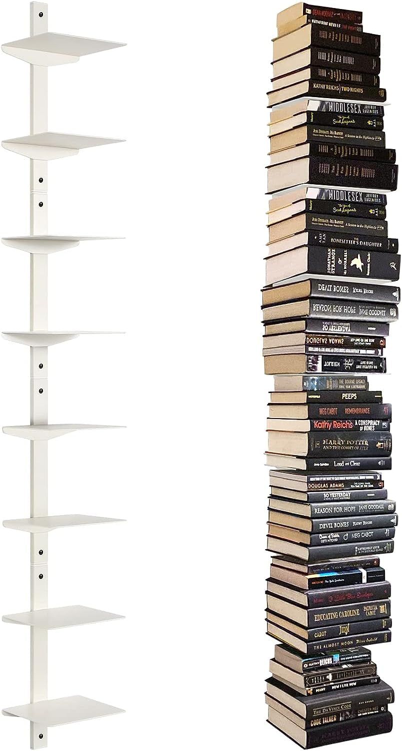 Invisible Floating Bookshelf for Wall Mounted, 8 Tier Vertical Spine Book Tower, Heavy-Duty Metal Book Organizers for Home Office, 4 Pack White