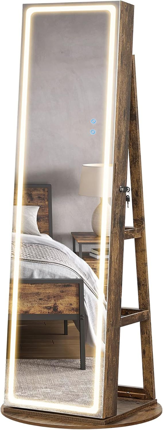 LED Mirror Jewelry Cabinet Standing, Lockable Jewelry Armoire with Full-Length Mirror and Adjustable LED Lights, Space-Saving Jewelry Organizer with Mirror, Gift Idea, Rustic Brown UJJC008X01