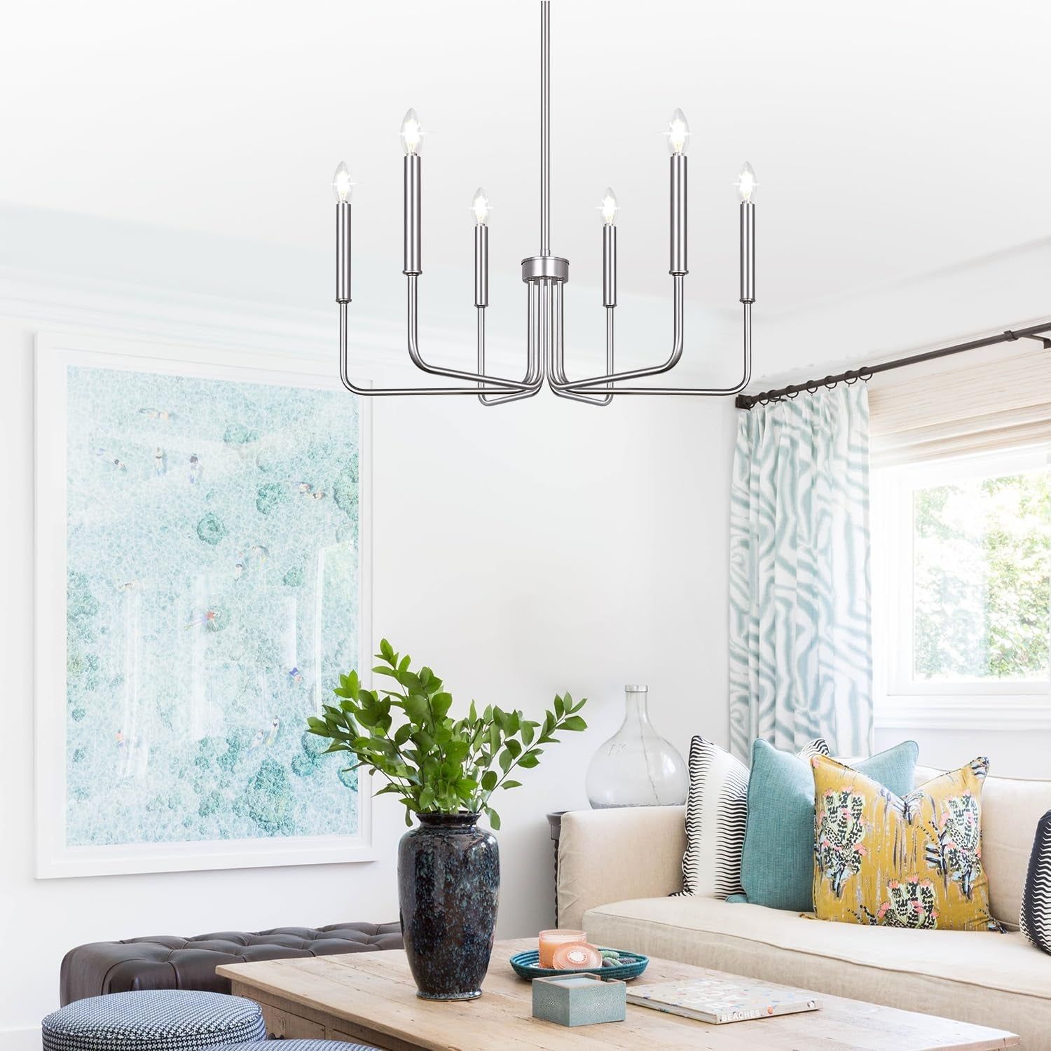 6-Light Farmhouse Chandelier for Dining Room Lighting Fixtures Hanging, Brushed Nickel Dining Light Fixtures Industrial Chandelier for Bedroom, Foyer, Hall, Kitchen, Living Room and Entryway