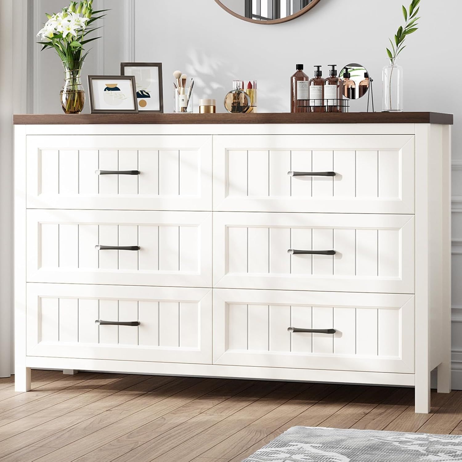 Farmhouse Dresser 6 Drawer Dresser for Bedroom, Large Wooden Dressers Double Grey Dresser with Deep Drawers Dressers for Hallway, Entryway (White and Brown)