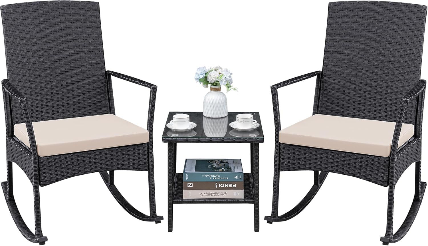 3 Pieces Patio Furniture Set Outdoor Wicker Rocking Chairs with Glass Coffee Table for Garden Backyard Porch Poolside, Beige