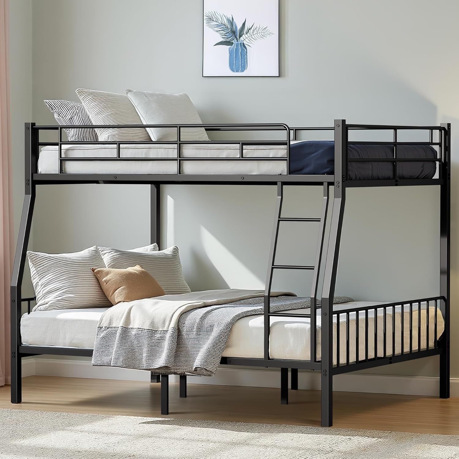 Full XL over Queen Bunk Beds for Adults, Heavy-Duty Metal Bunk Bed Frame with Non-Slip Ladder and Safety Full-Length Guardrails for Kids Teens Adults, Space-Saving, Black